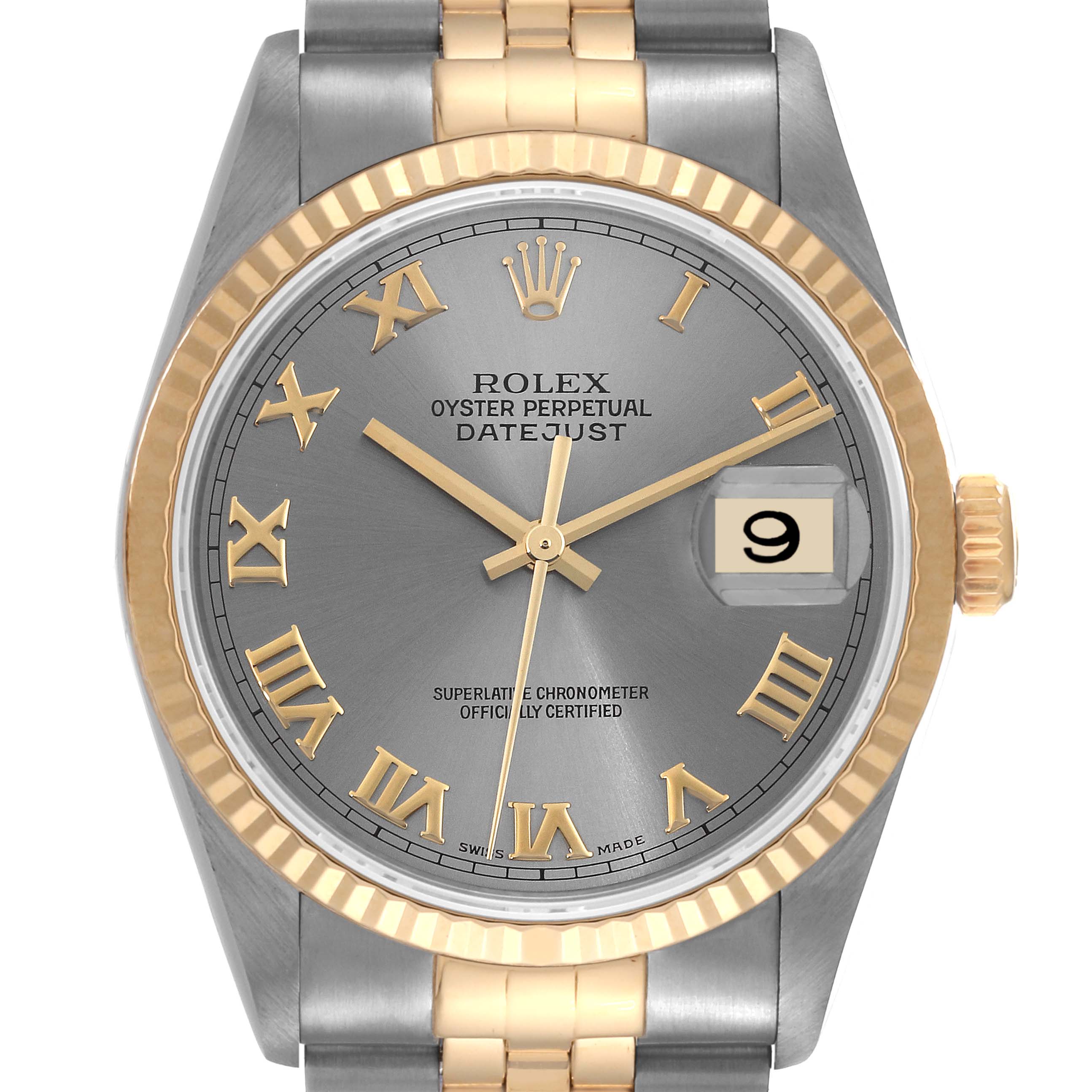 This image shows a frontal view of the Rolex Datejust 16233 Men's Steel and Gold (two tone) Grey Dial 16233 Men's Steel and Gold (two tone) Grey Dial watch, highlighting its bezel, dial, and part of the bracelet.
