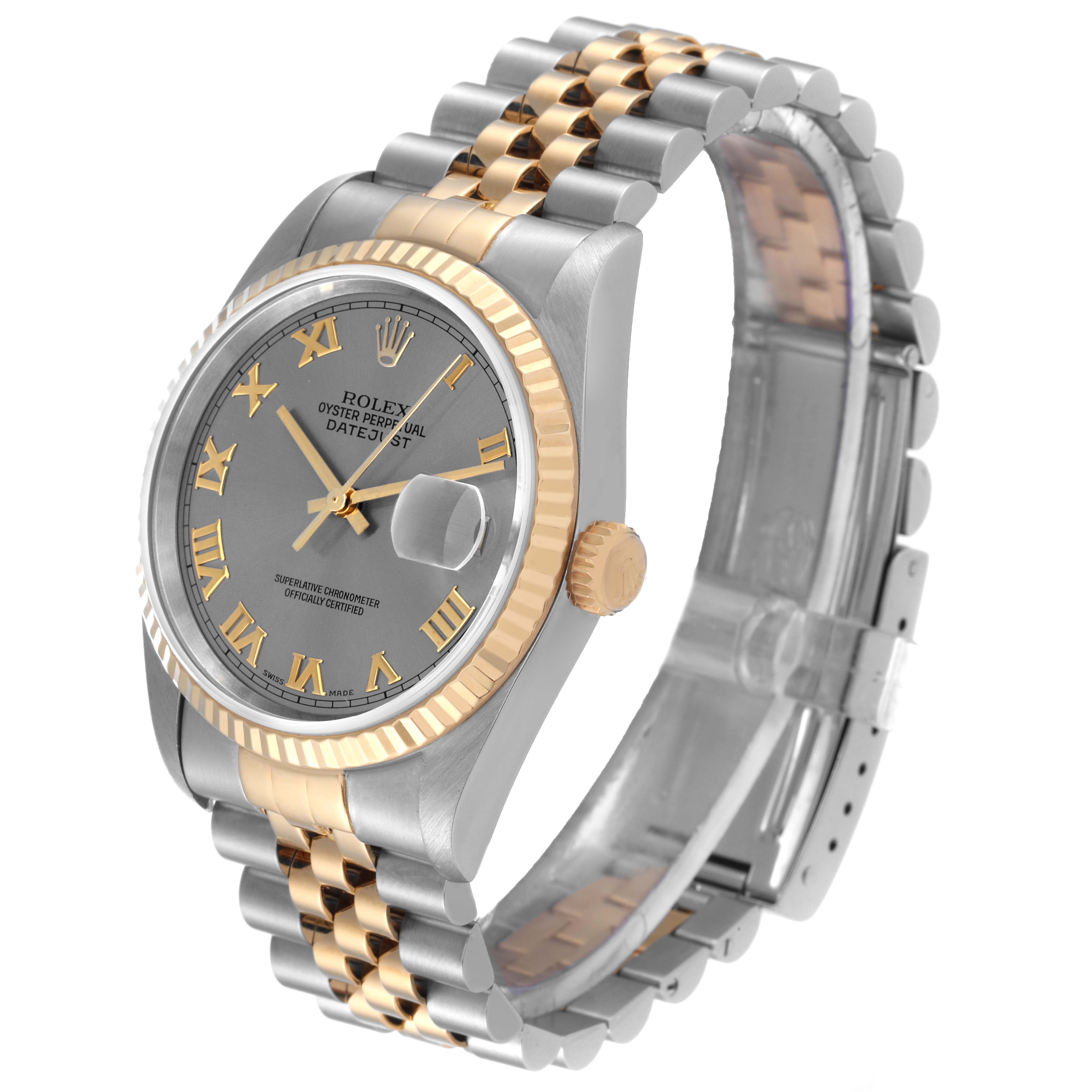 This image shows the Rolex Datejust 16233 Men's Steel and Gold (two tone) Grey Dial 16233 Men's Steel and Gold (two tone) Grey Dial watch from a slight angle, displaying the face, bezel, crown, and bracelet.