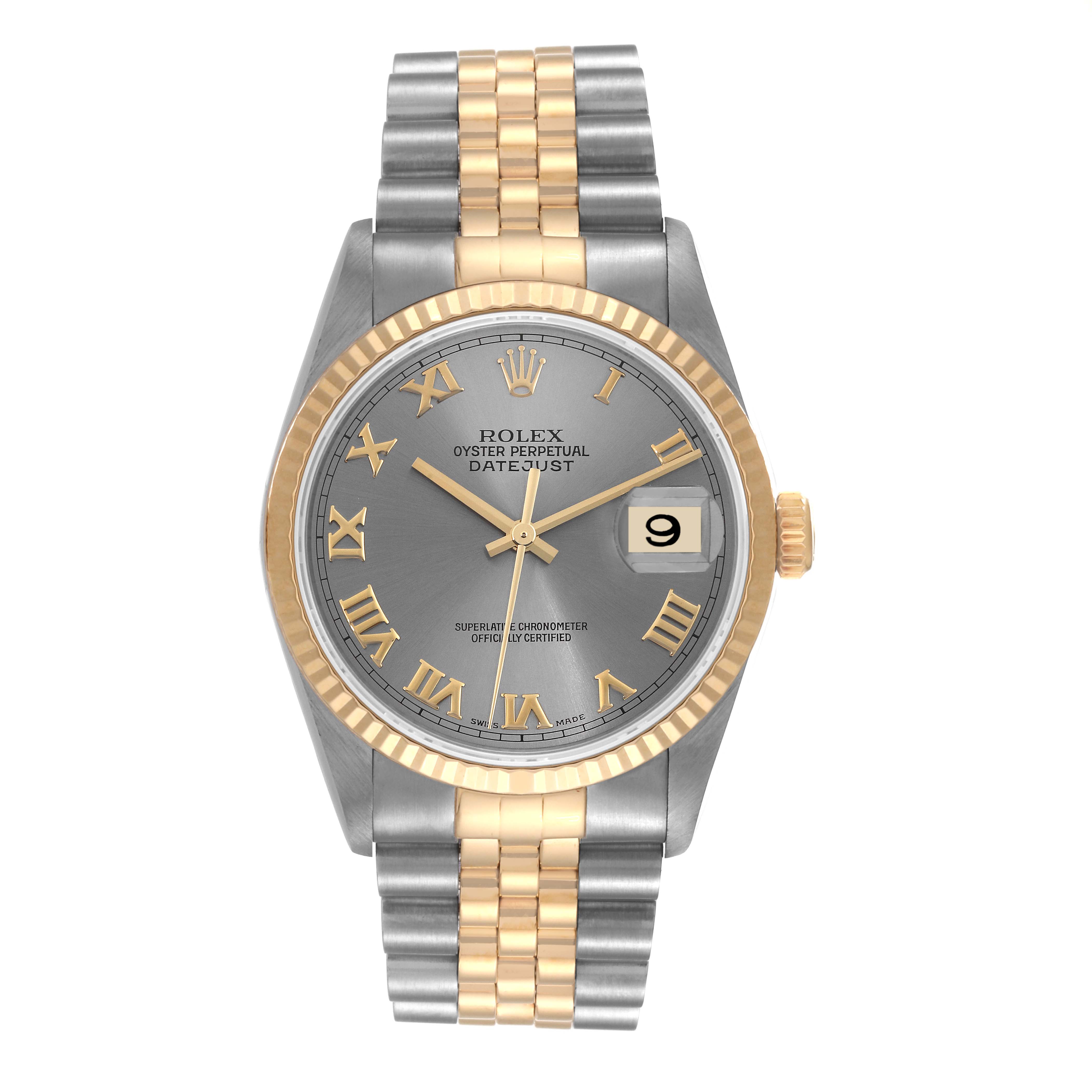 The image shows the front view of a Rolex Datejust 16233 Men's Steel and Gold (two tone) Grey Dial 16233 Men's Steel and Gold (two tone) Grey Dial watch, focusing on its face, bezel, and bracelet.