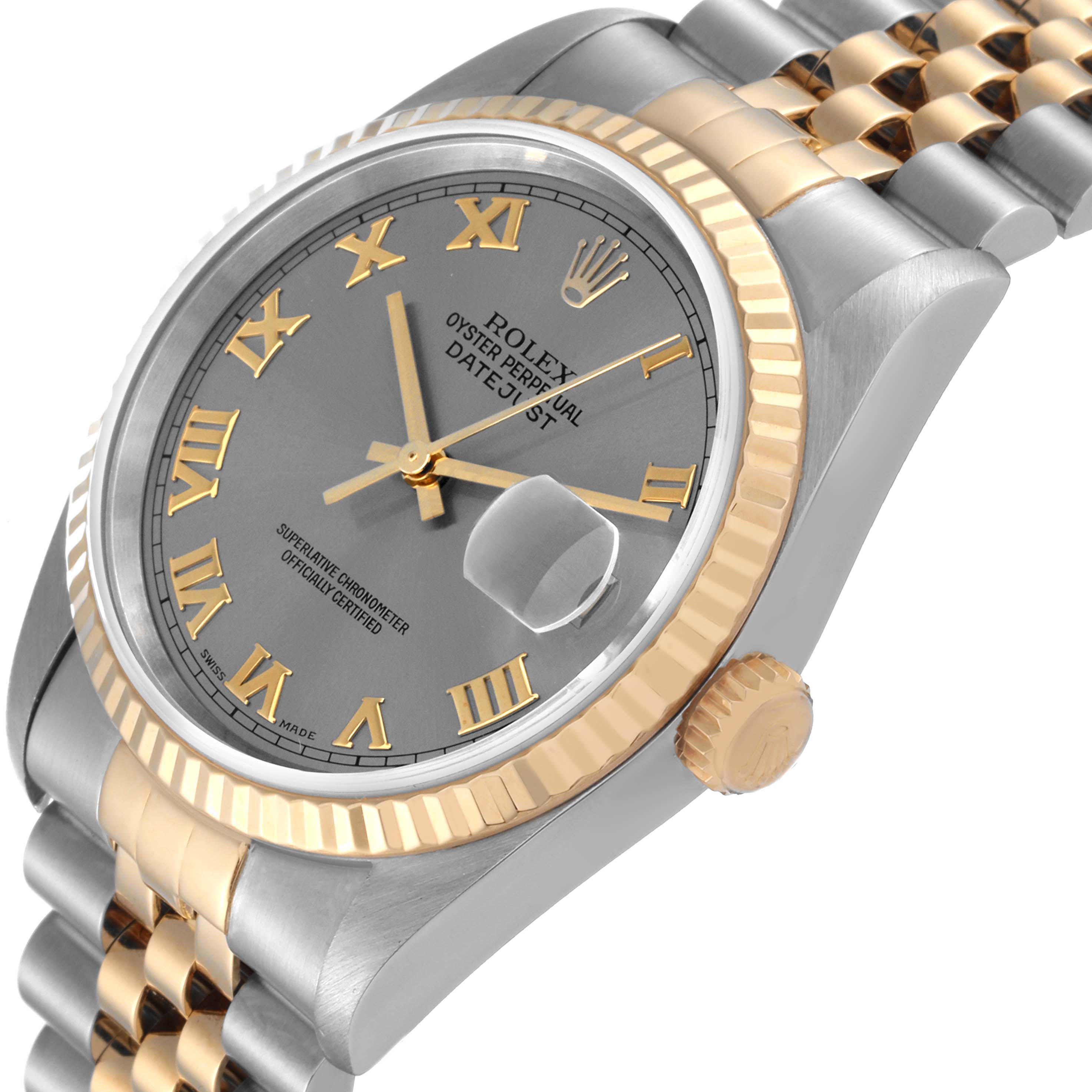 The image shows a close-up angled view of a Rolex Datejust 16233 Men's Steel and Gold (two tone) Grey Dial 16233 Men's Steel and Gold (two tone) Grey Dial watch, highlighting its face, bezel, crown, and part of the bracelet.