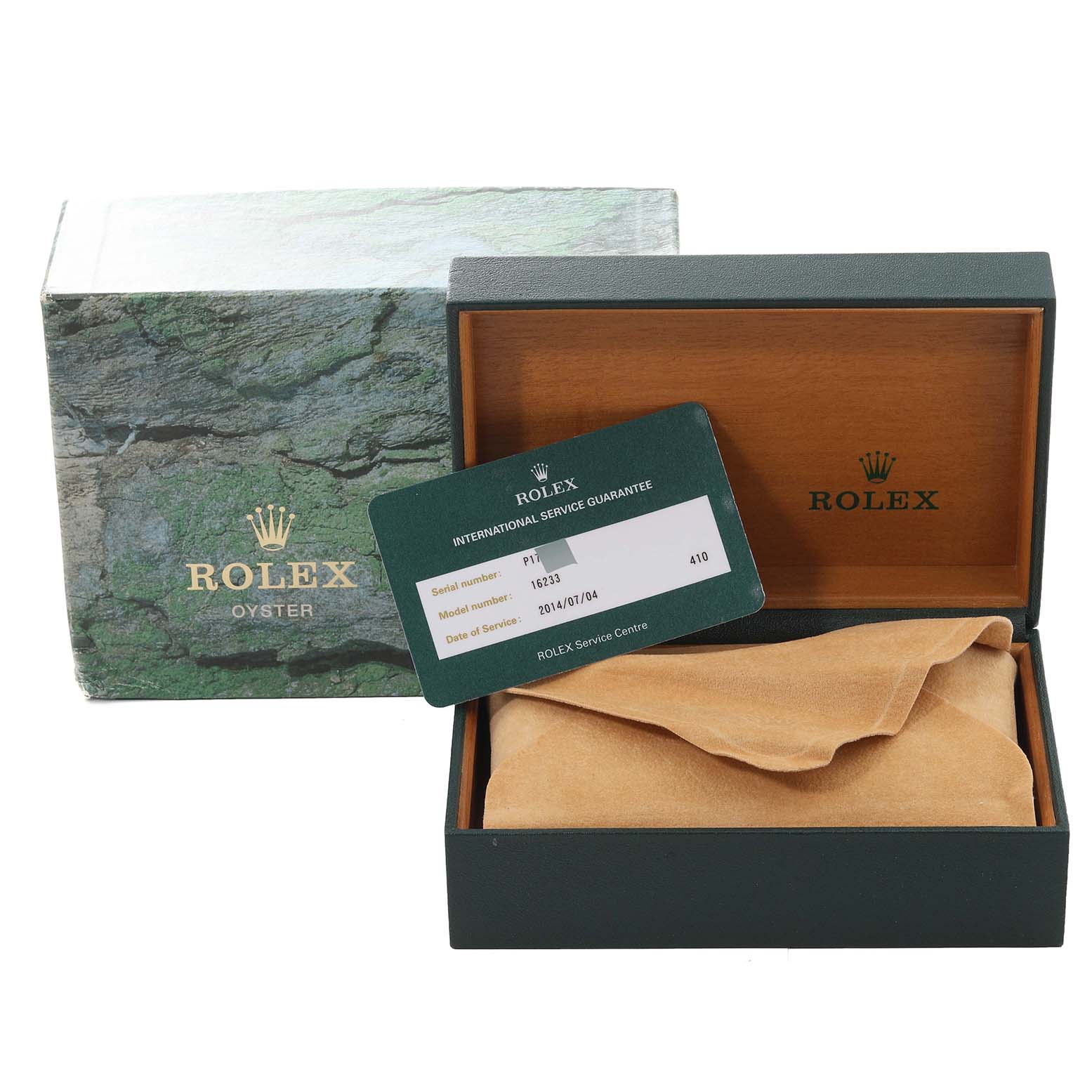 The image shows a Rolex Datejust 16233 Men's Steel and Gold (two tone) Grey Dial 16233 Men's Steel and Gold (two tone) Grey Dial model packaging, warranty card, and a protective watch pouch inside the box.