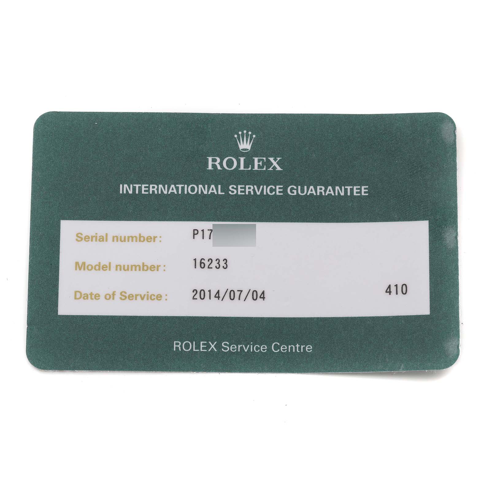 The image shows a Rolex International Service Guarantee card for the Datejust model 16233, documenting serial number and service date.