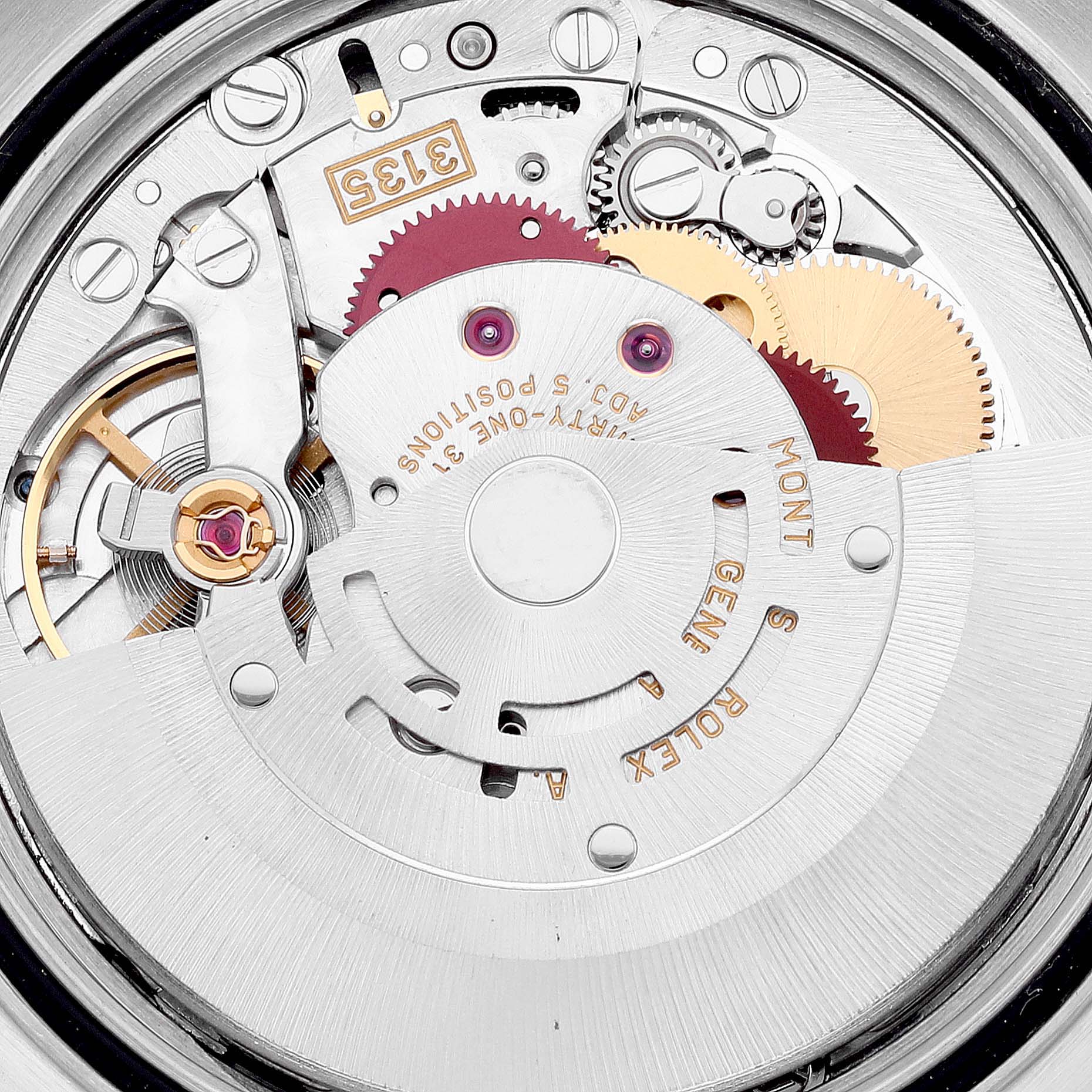 The image shows the inner mechanical movement parts of a Rolex Datejust 16233 Men's Steel and Gold (two tone) Grey Dial 16233 Men's Steel and Gold (two tone) Grey Dial model watch from a top-down angle.