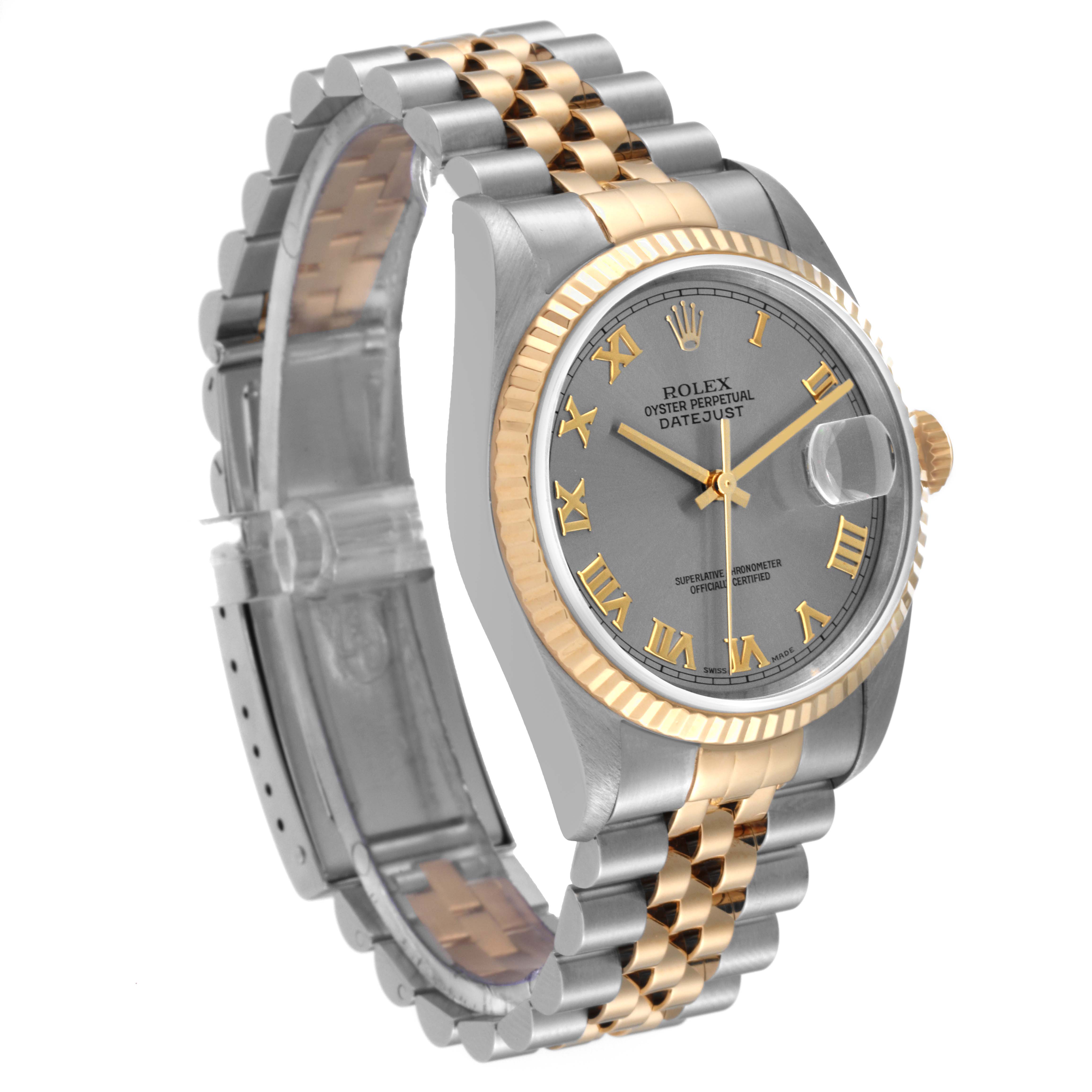 The Rolex Datejust 16233 Men's Steel and Gold (two tone) Grey Dial 16233 Men's Steel and Gold (two tone) Grey Dial watch is shown in a side angle, displaying its two-tone bracelet, fluted bezel, and dial with Roman numerals and date window.