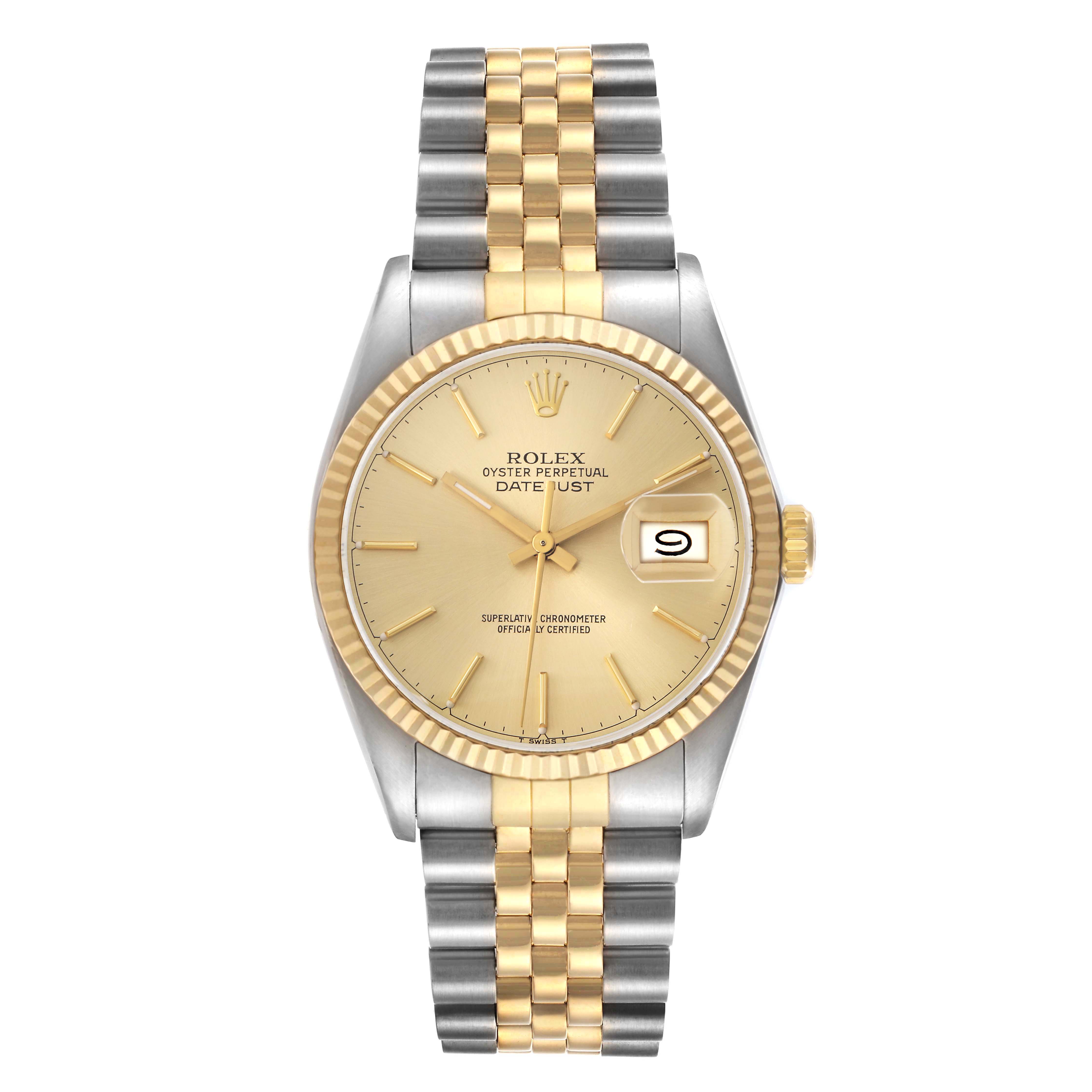 The Rolex Datejust model 16013 is shown from a front angle, displaying its dial, hands, date window, and two-tone Jubilee bracelet.