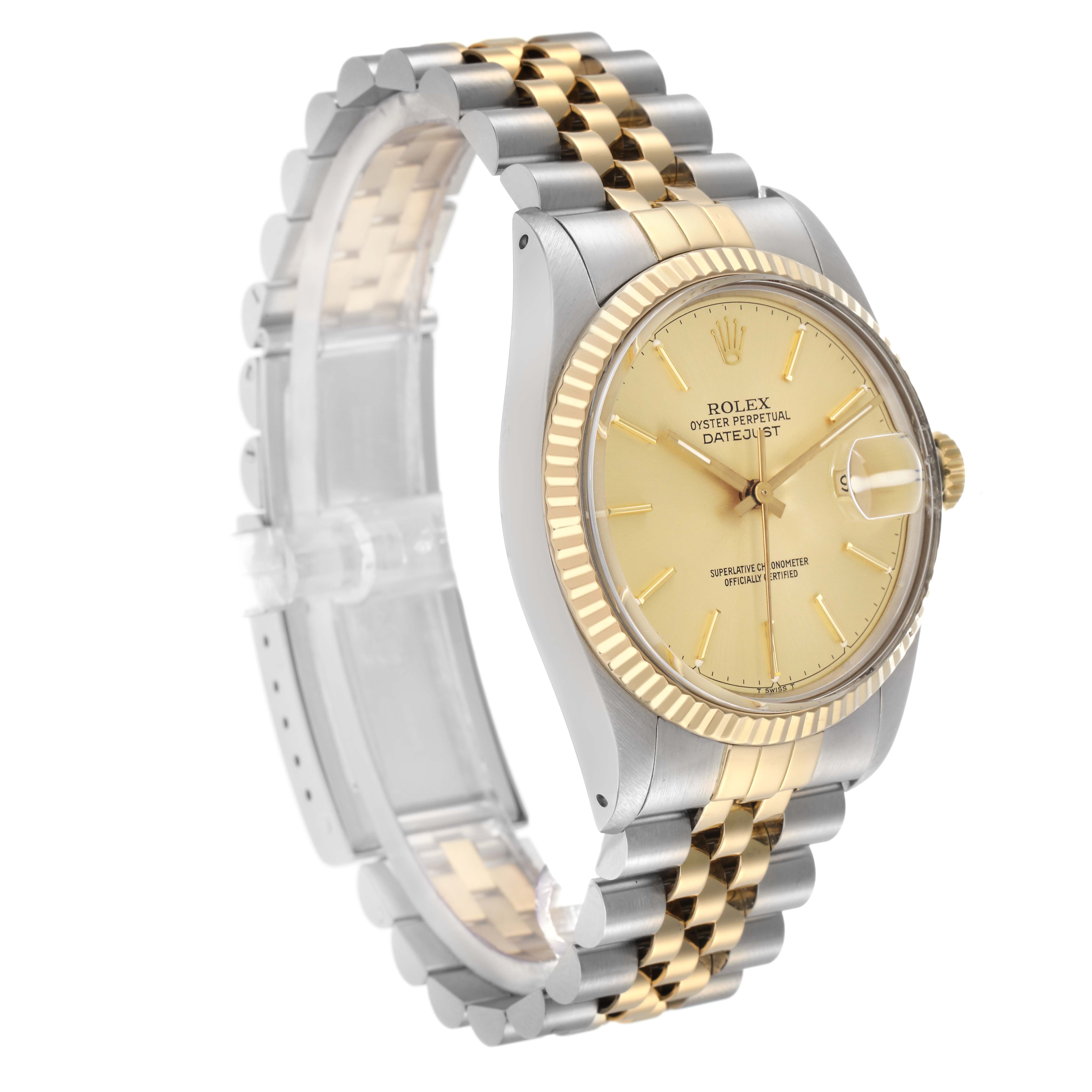 The Rolex Datejust 16013 is shown at a three-quarter angle featuring the dial, fluted bezel, and jubilee bracelet.