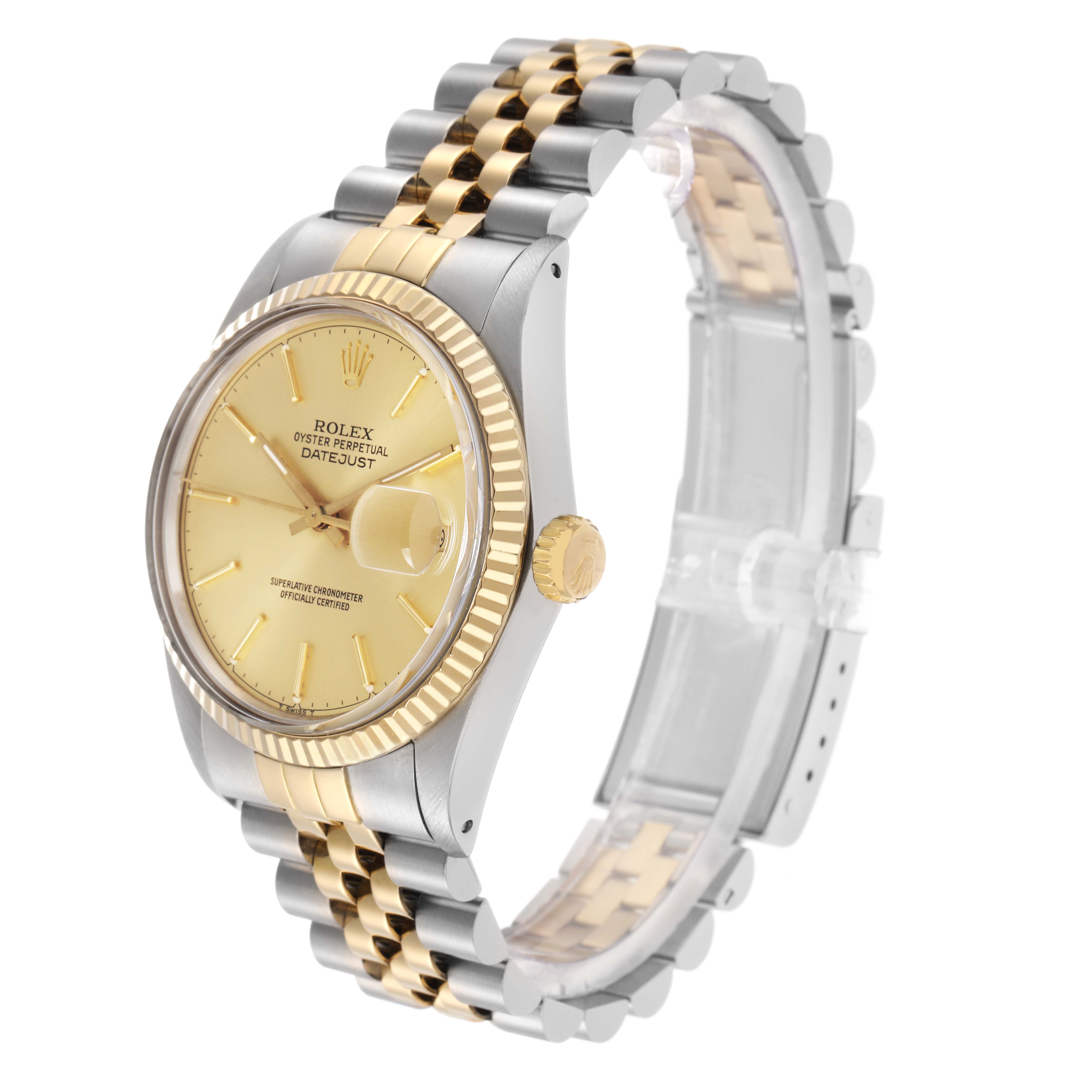 The Rolex Datejust model 16013 men's watch is shown at a three-quarter angle, highlighting the dial, bezel, crown, and two-tone Jubilee bracelet.
