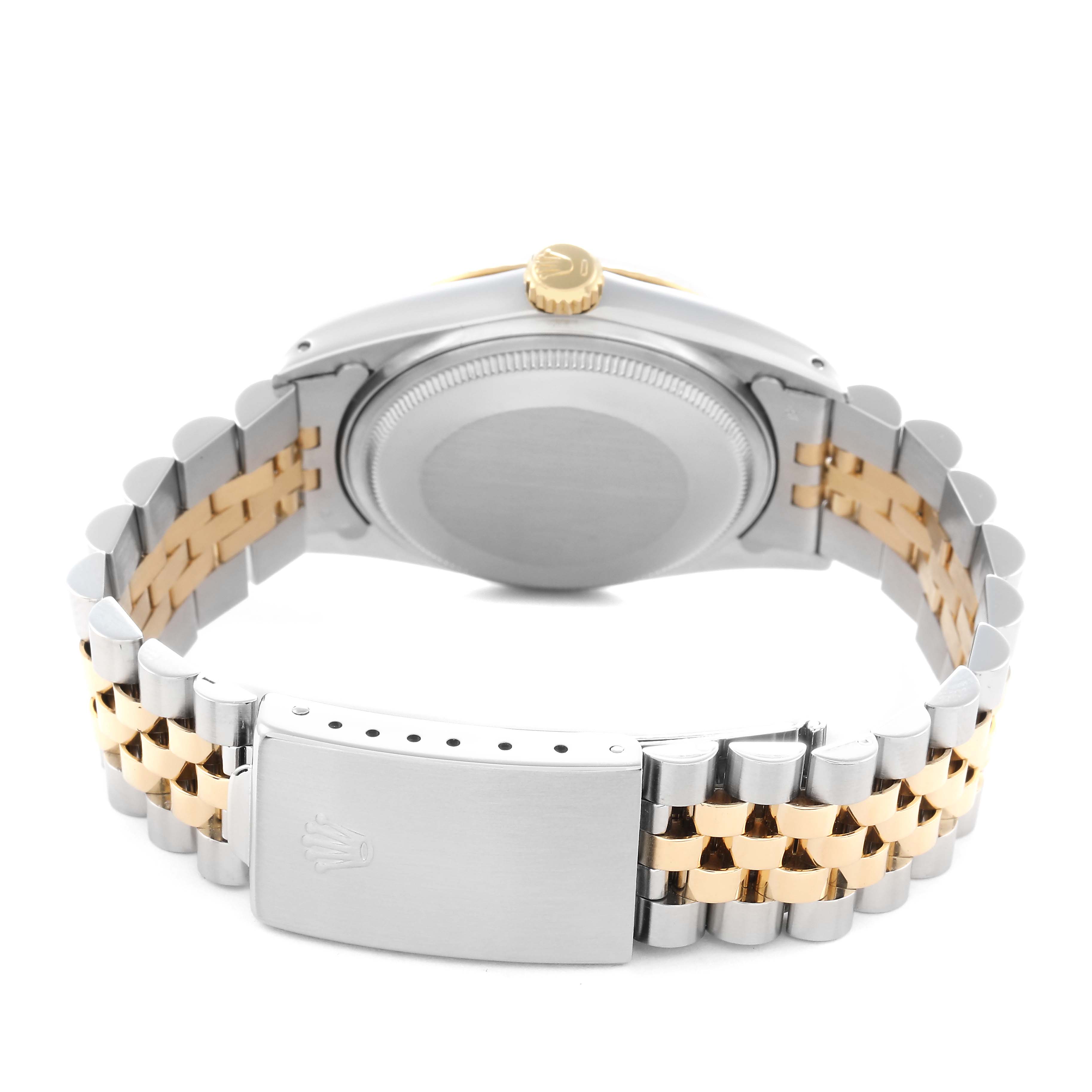 The image shows the back view of a Rolex Datejust model 16013 men's watch, highlighting the case back, bracelet, crown, and clasp.