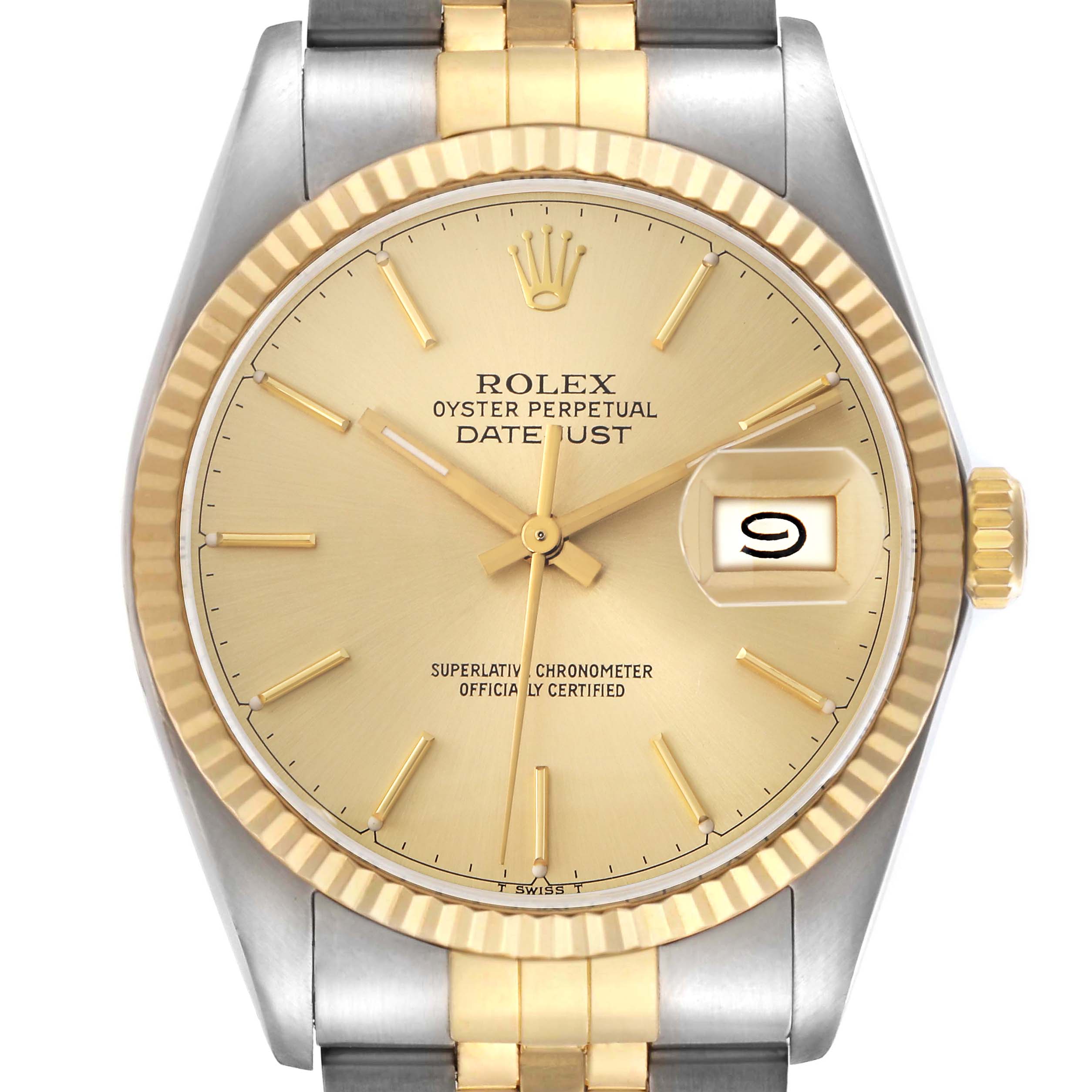 The image shows a frontal view of the Rolex Datejust model 16013 men's watch, highlighting the dial, fluted bezel, and date window.