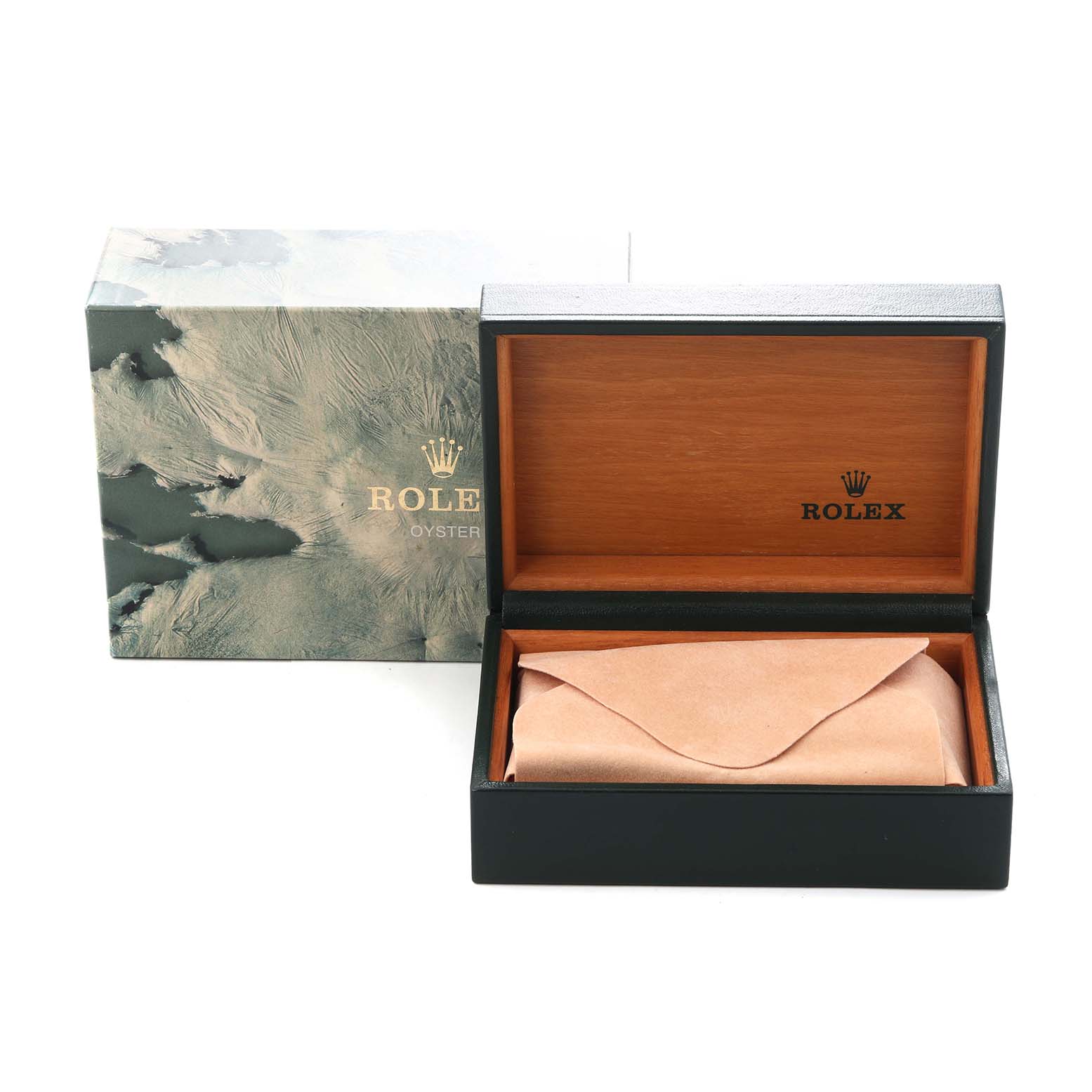 The image shows a Rolex watch box and outer packaging for the Datejust model number 16013, with an open view of the box interior and watch pouch.