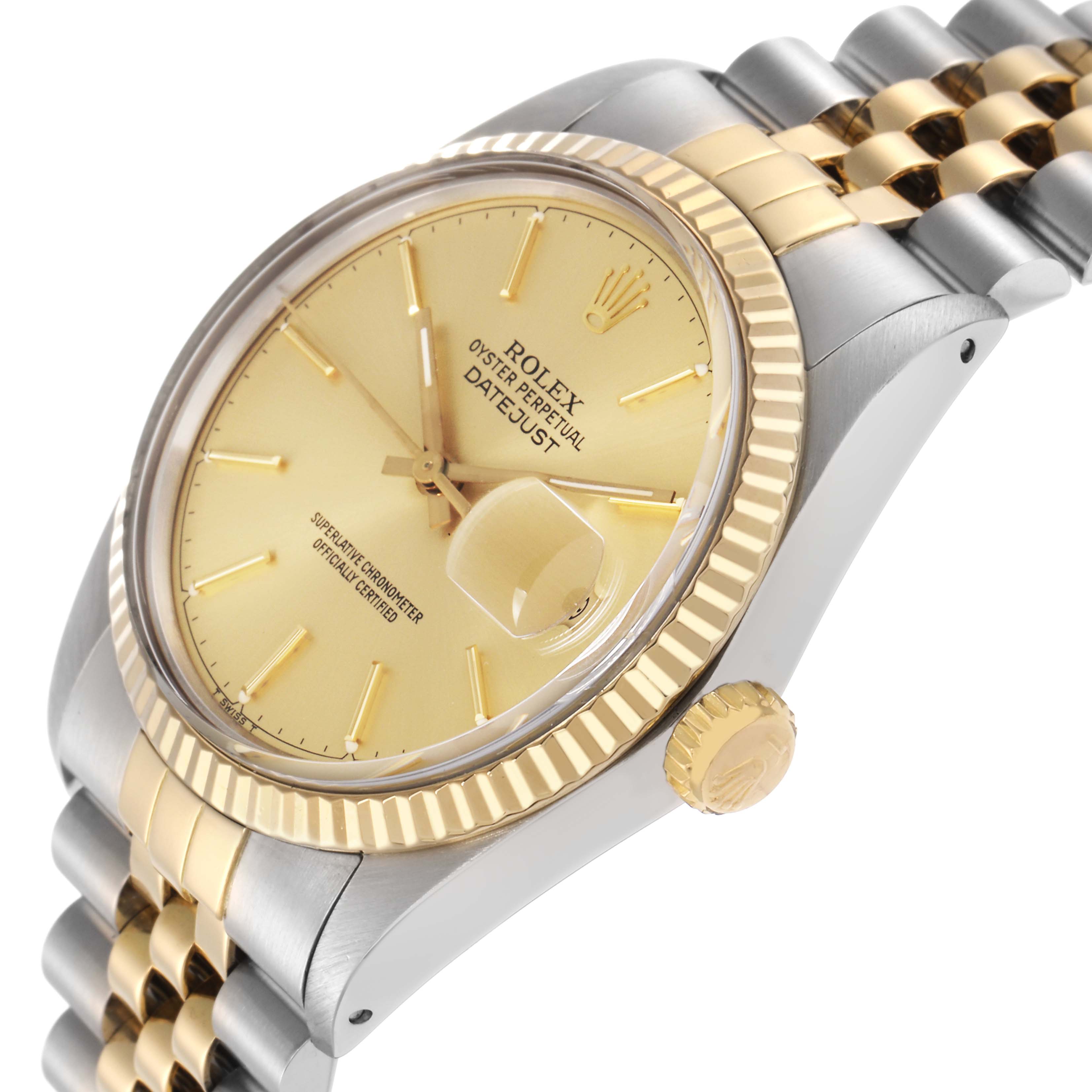 The Rolex Datejust model 16013 is shown at an angle highlighting the gold fluted bezel, champagne dial, and two-tone jubilee bracelet.