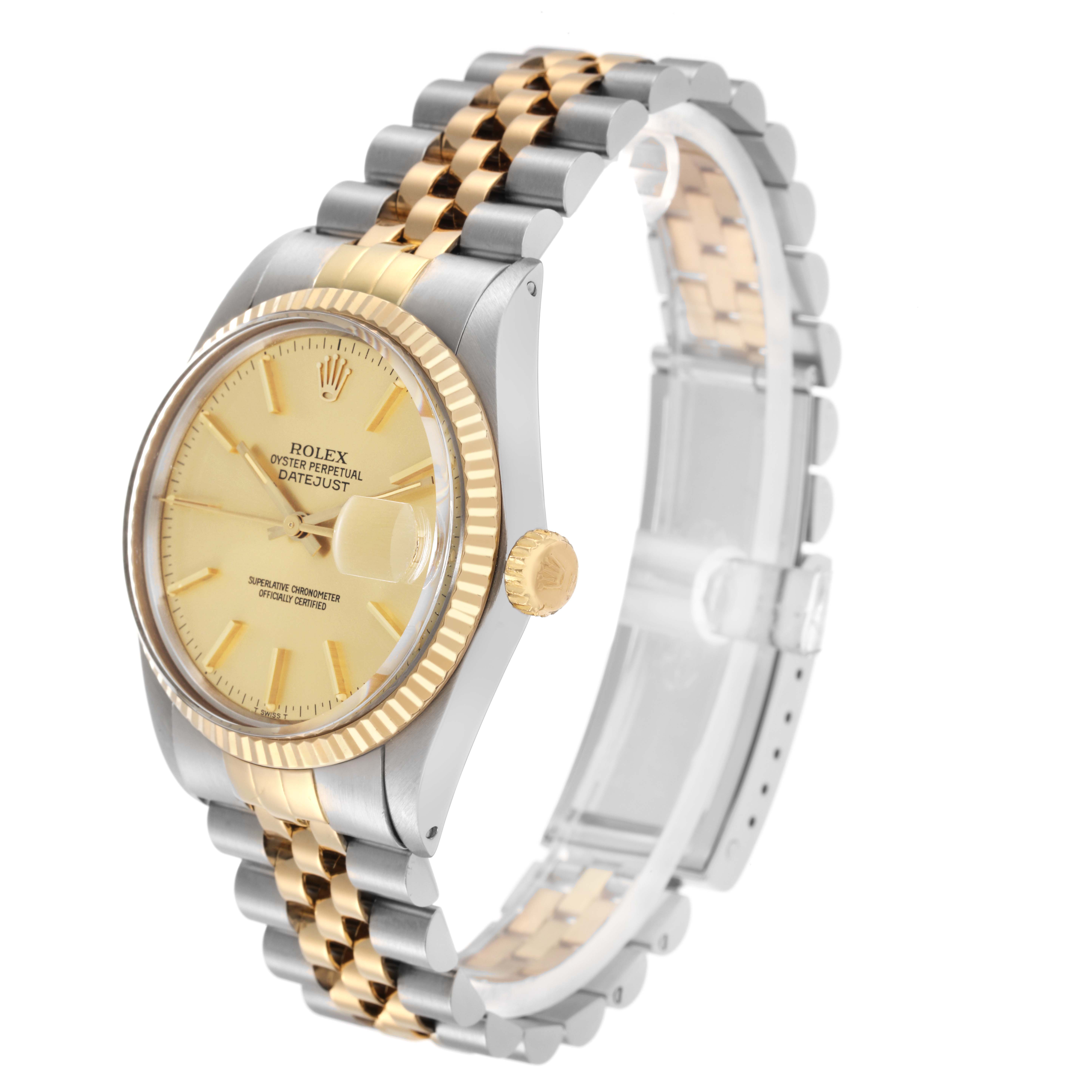 The Rolex Datejust model 16013, men's watch, is shown at a slight angle highlighting the face, bezel, crown, and two-tone Jubilee bracelet.