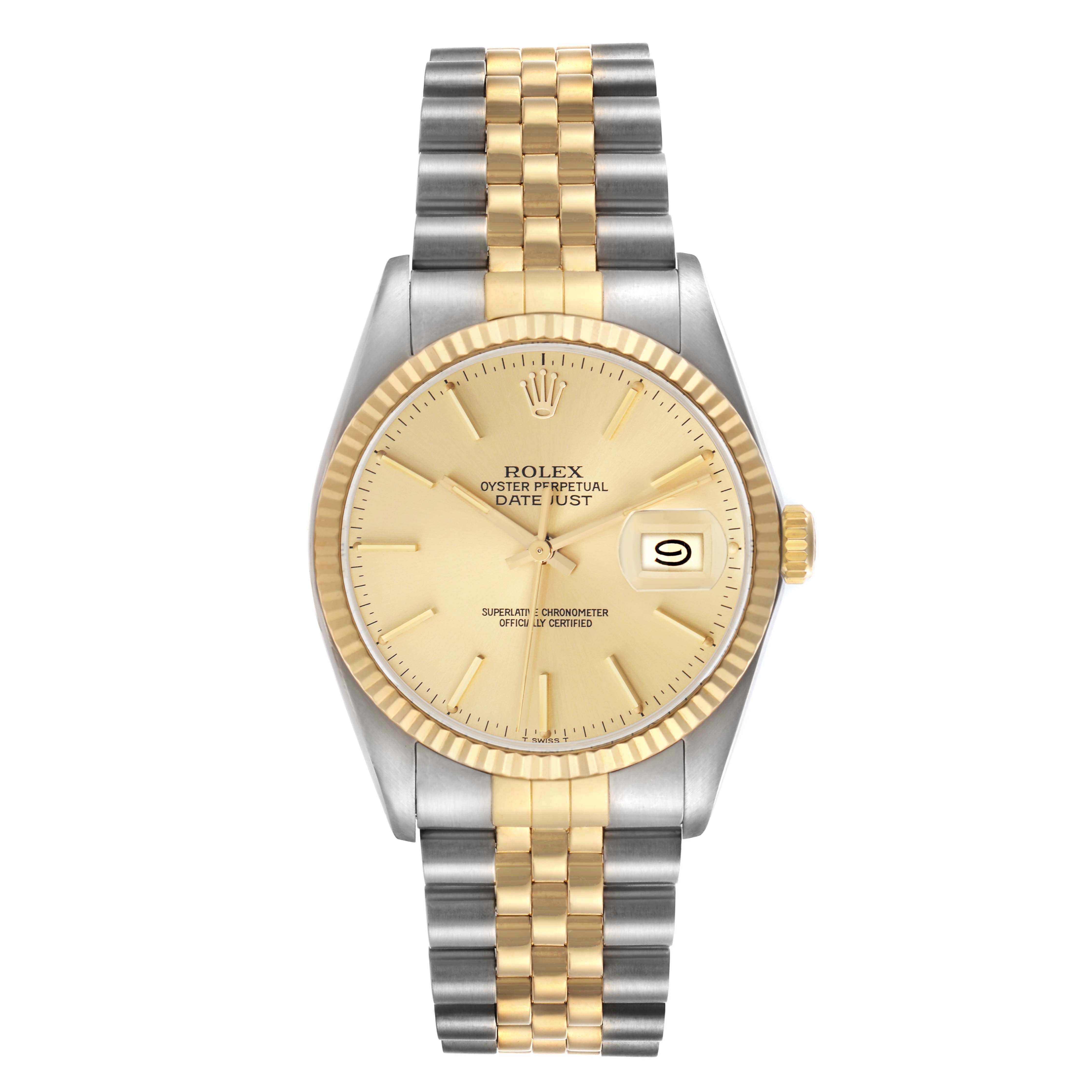 The Rolex Datejust 16013 men's watch is shown from a top view, highlighting its gold and silver bracelet, gold bezel, champagne dial, and date window.
