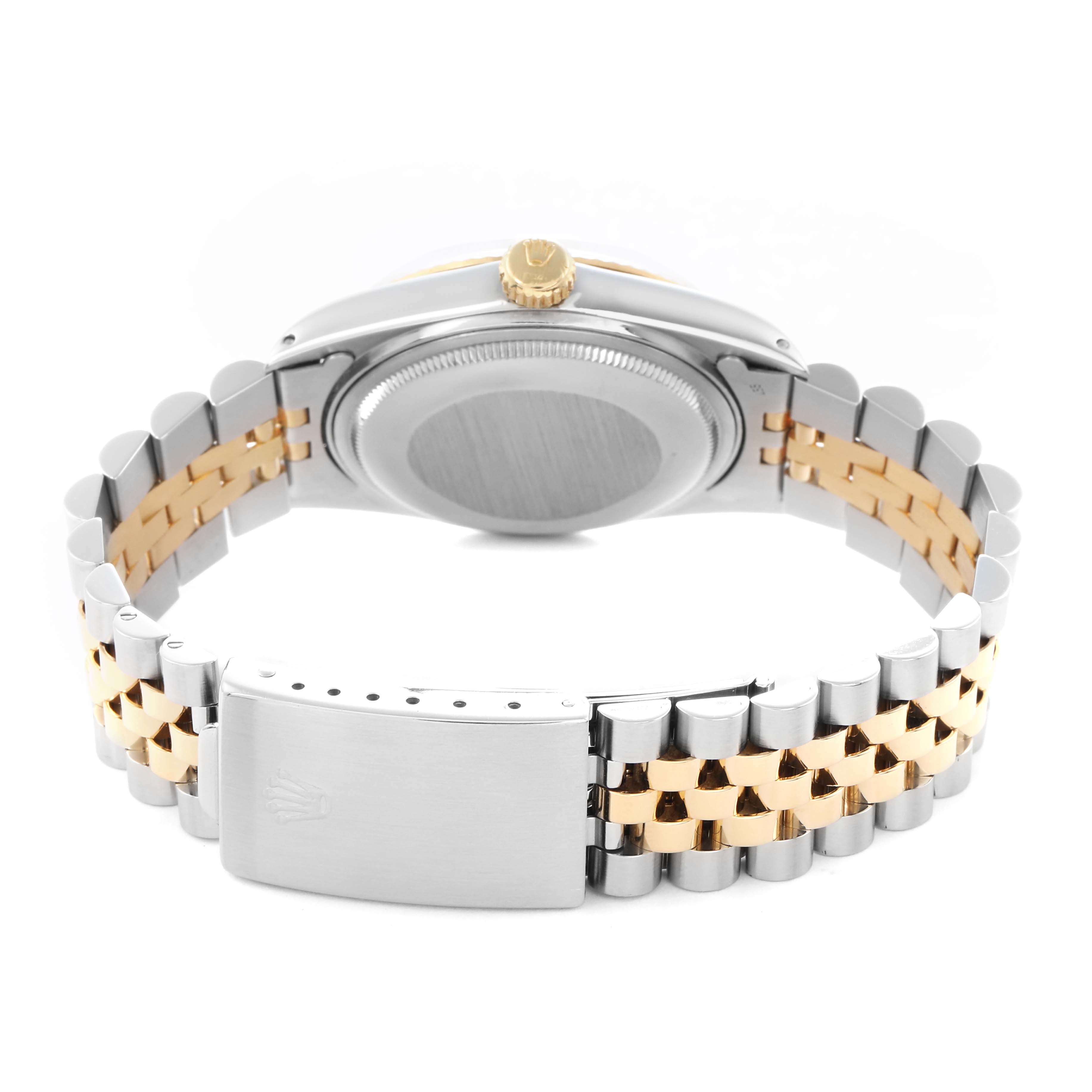 The image shows the back view of a Rolex Datejust model 16013 men's watch, highlighting its clasp, bracelet, and case back.