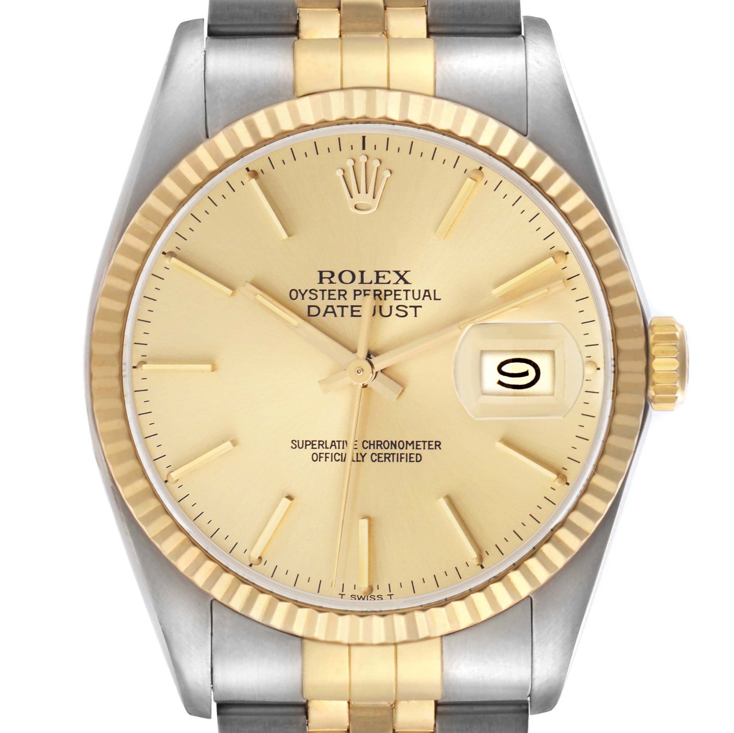 The Rolex Datejust model 16013 is shown from a front angle, displaying the dial, bezel, crown, and part of the bracelet.