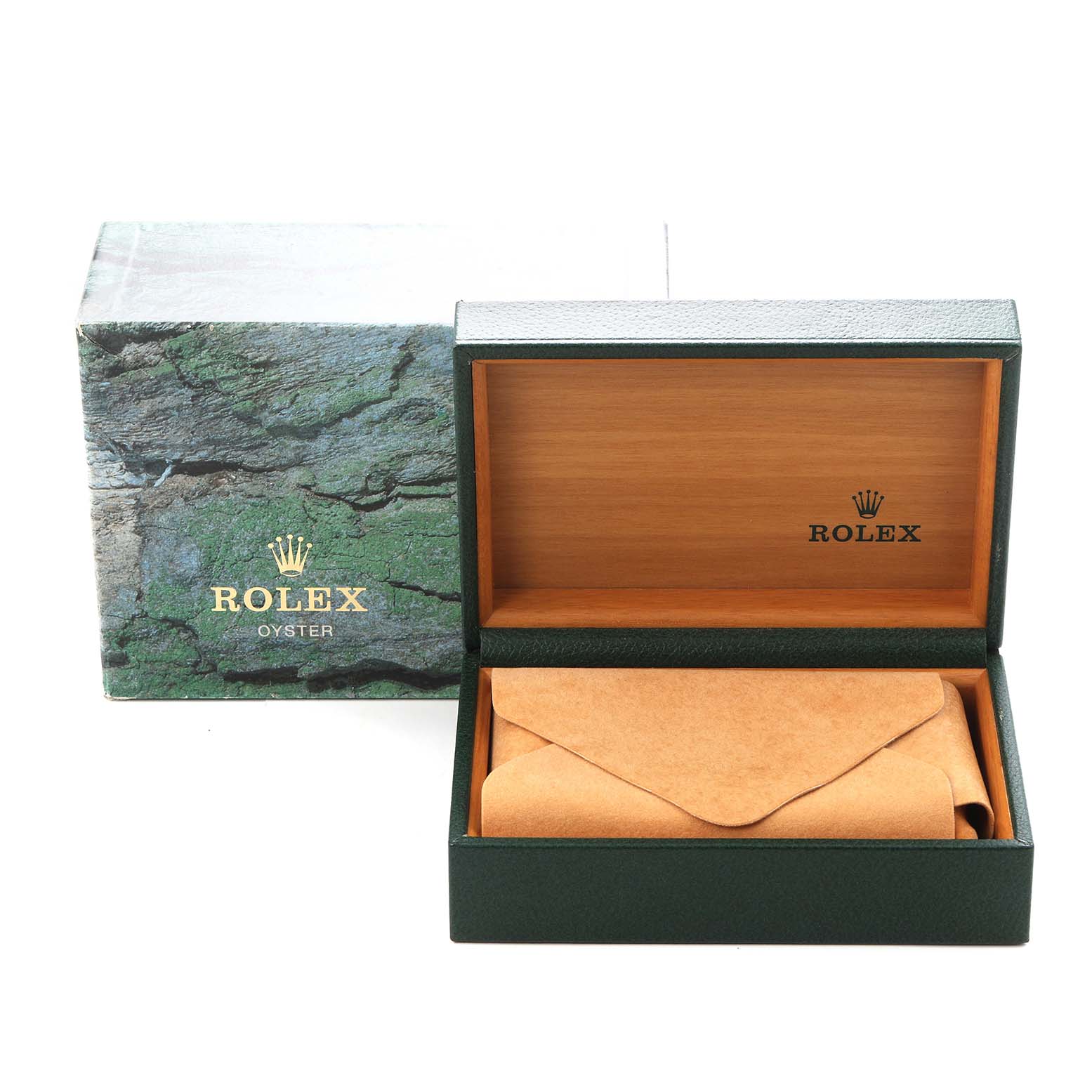 The image shows a green Rolex watch box for the Rolex Datejust model 16013, with the box lid open revealing the interior and a brown envelope.