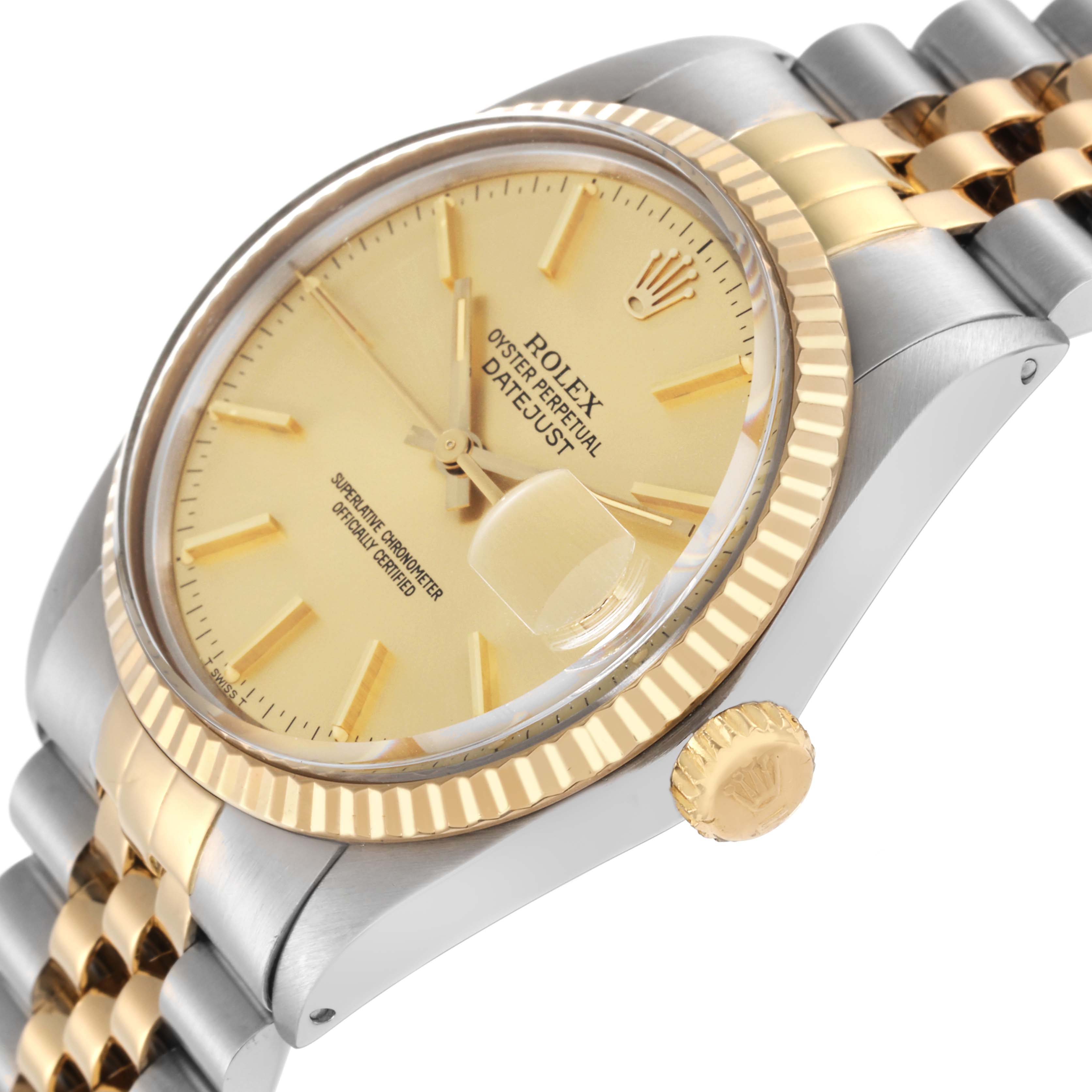 The Rolex Datejust model 16013 is shown at a slight side angle, highlighting the face, fluted bezel, crown, and Jubilee bracelet.