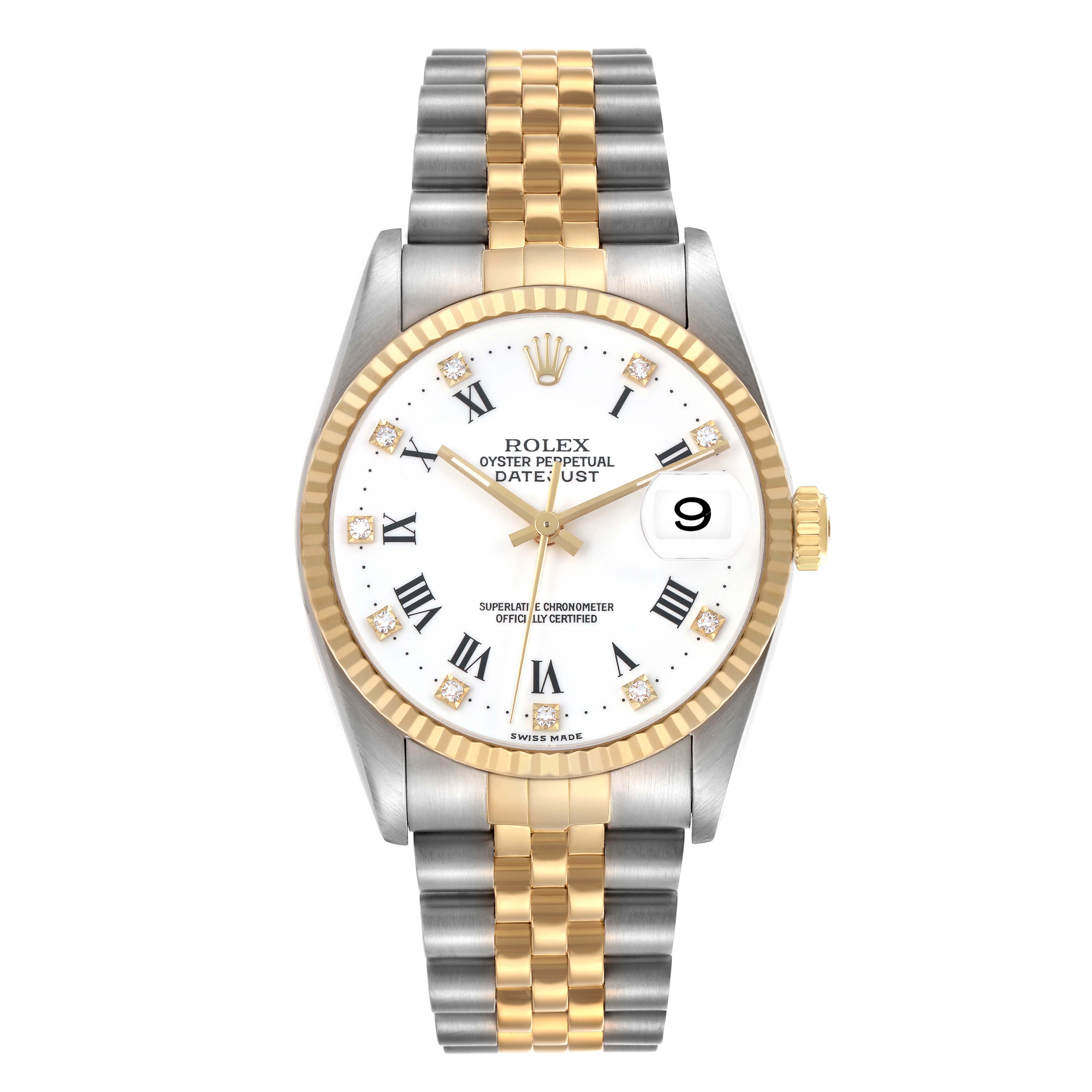 The Rolex Datejust 16233 Men's Steel and Gold (two tone) White Dial watch is shown from the front, featuring the dial, bezel, and two-tone bracelet.