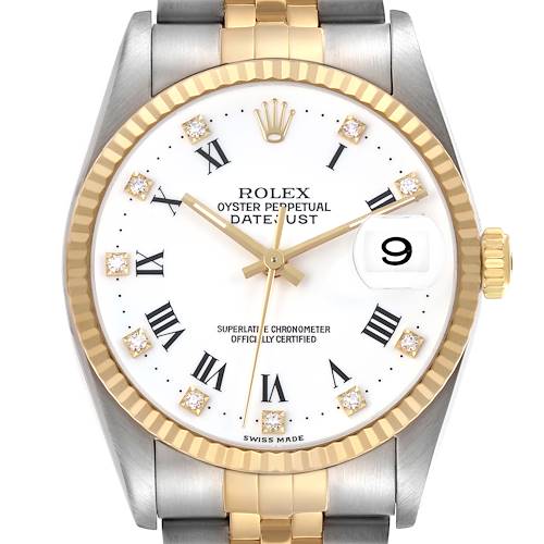 The Rolex Datejust 16233 Men's Steel and Gold (two tone) White Dial watch is shown from the front, displaying its dial, Roman numeral markers, date window, and gold fluted bezel.