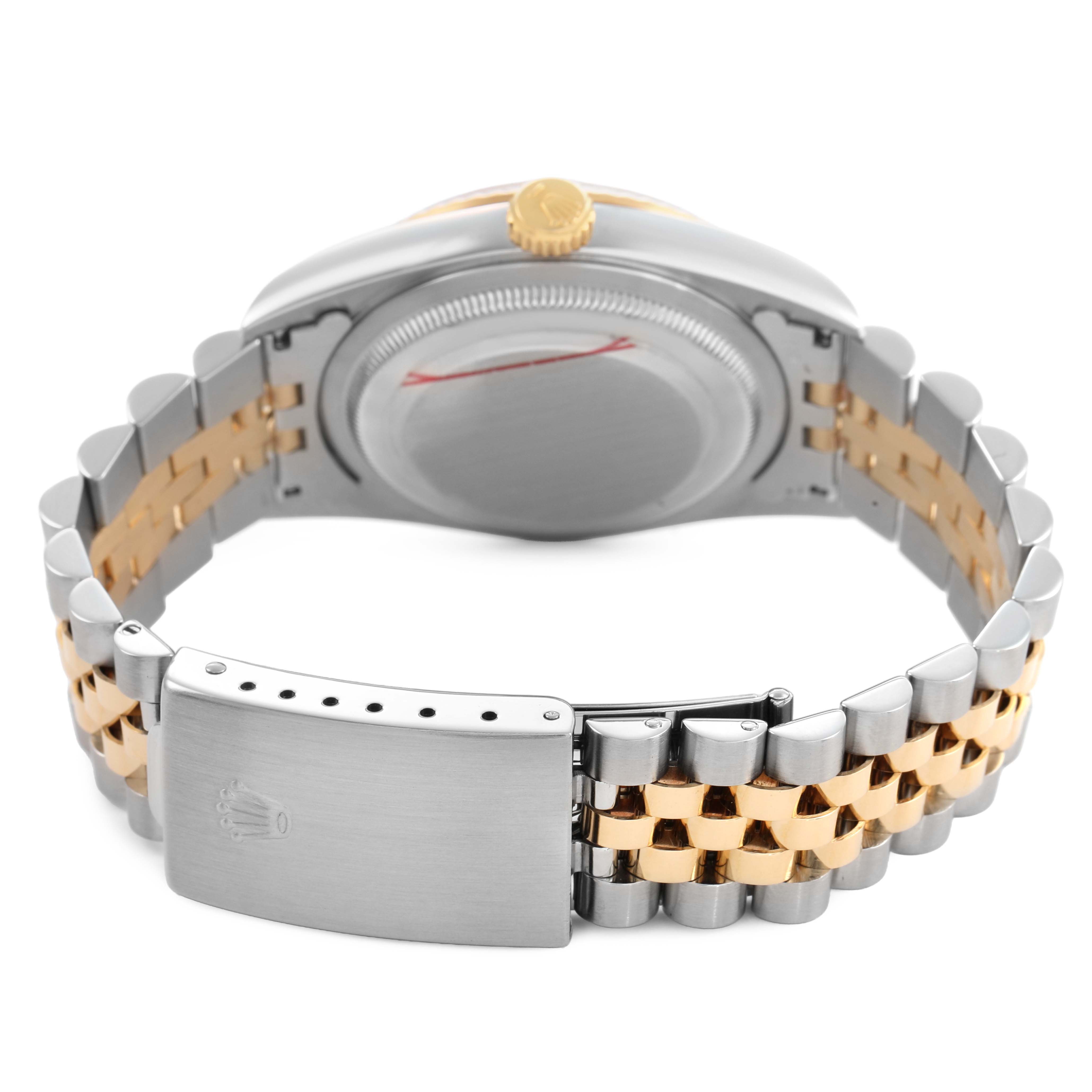 The image shows the back of the Rolex Datejust 16233 Men's Steel and Gold (two tone) White Dial, highlighting the clasp and two-tone bracelet.