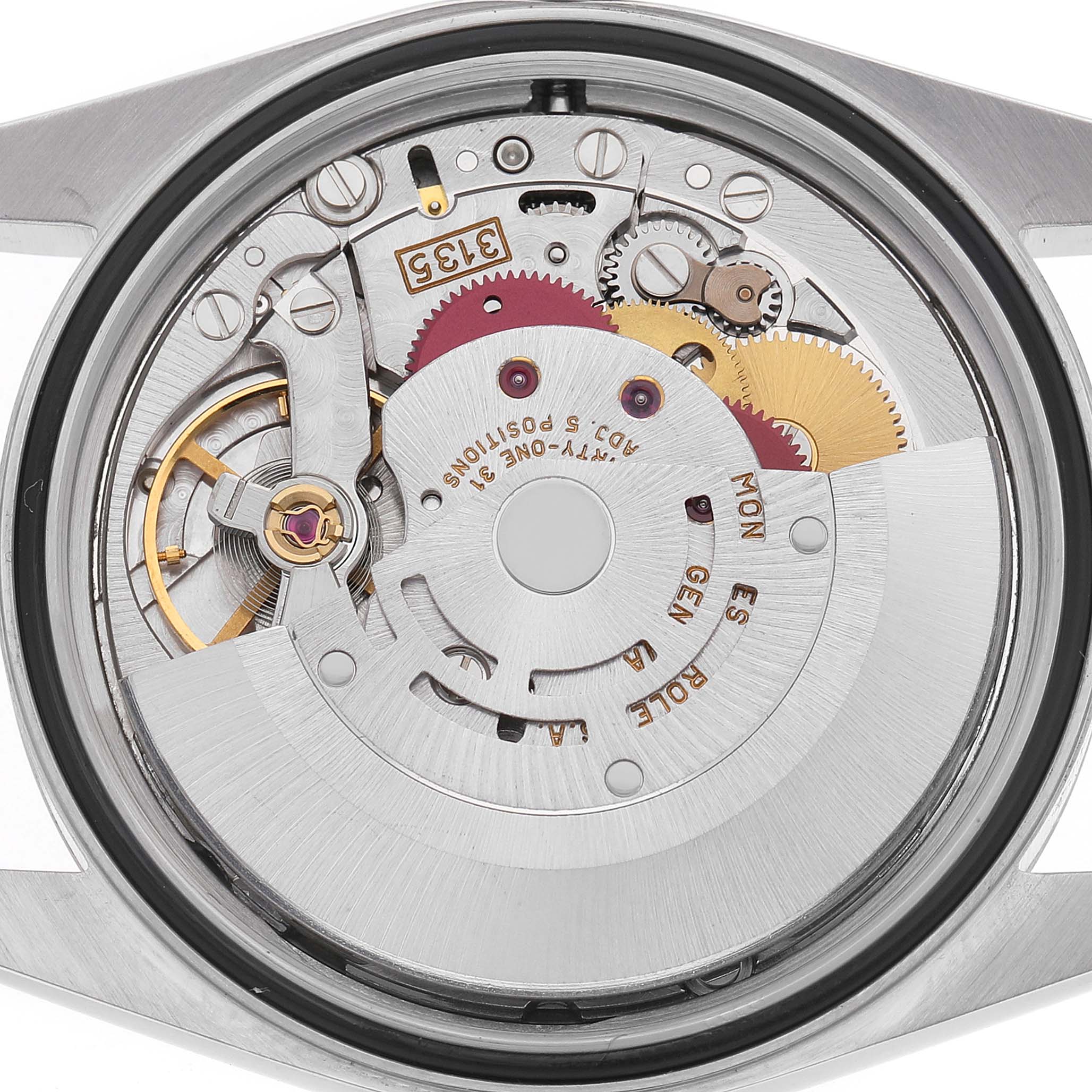 The image shows a detailed view of the Rolex Datejust 16233 Men's Steel and Gold (two tone) White Dial watch's movement and inner workings from the back.