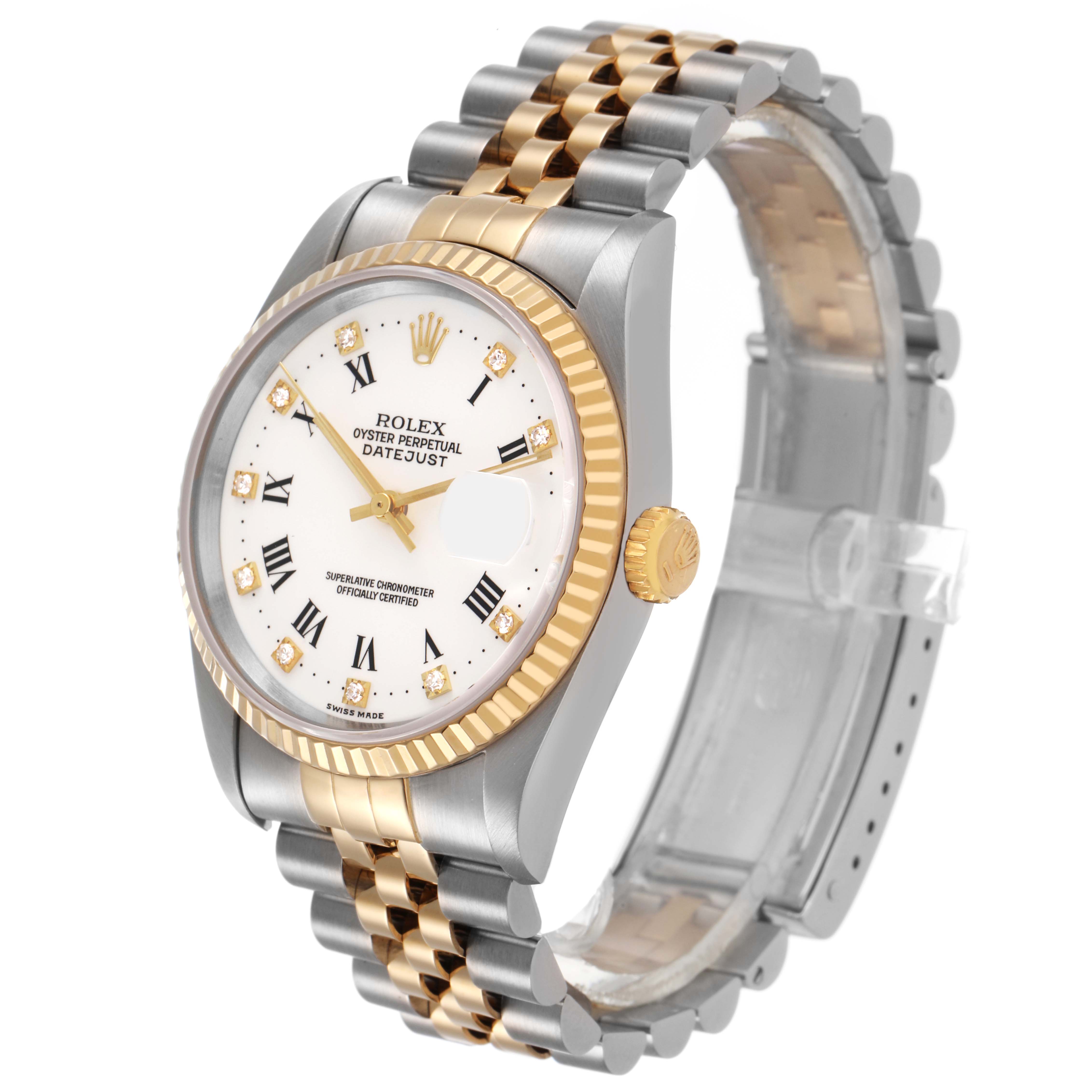 The Rolex Datejust 16233 Men's Steel and Gold (two tone) White Dial watch is shown at a three-quarter angle, highlighting the face, fluted bezel, and two-tone jubilee bracelet.