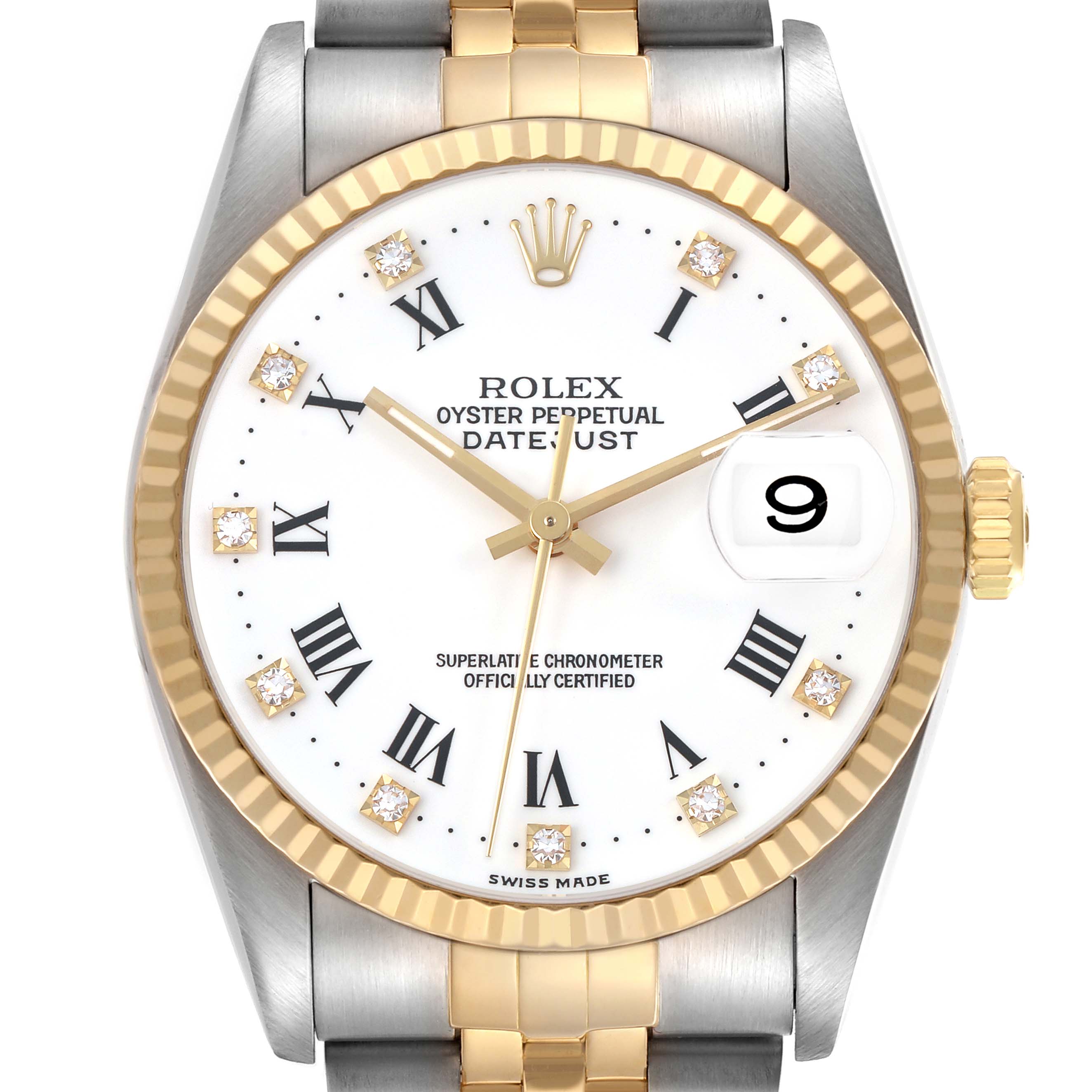 The Rolex Datejust 16233 Men's Steel and Gold (two tone) White Dial watch is shown from the front, displaying its dial, hands, markers, and two-tone bracelet.
