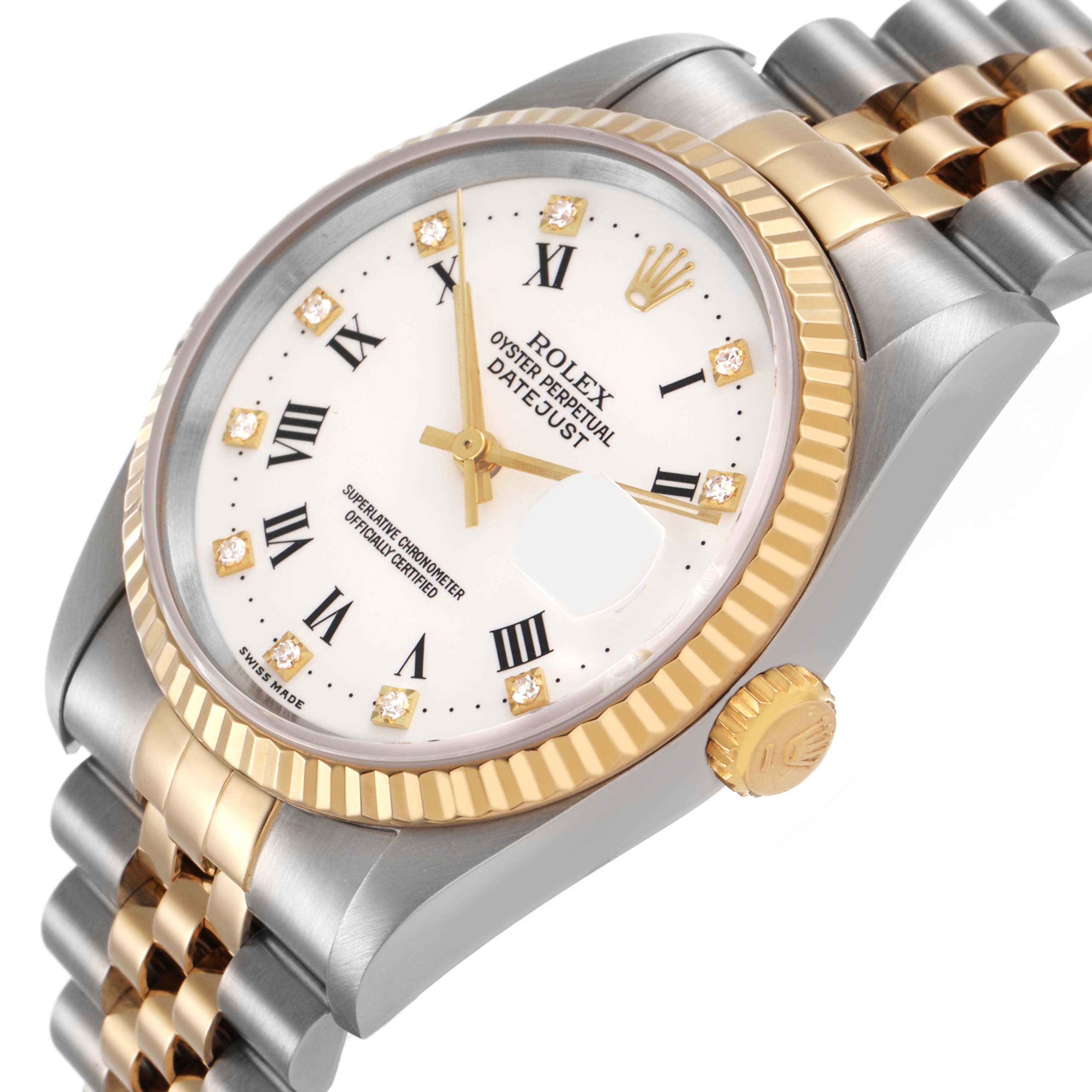 The Rolex Datejust 16233 Men's Steel and Gold (two tone) White Dial watch is shown at a slight angle, highlighting the dial, gold fluted bezel, crown, and two-tone bracelet.
