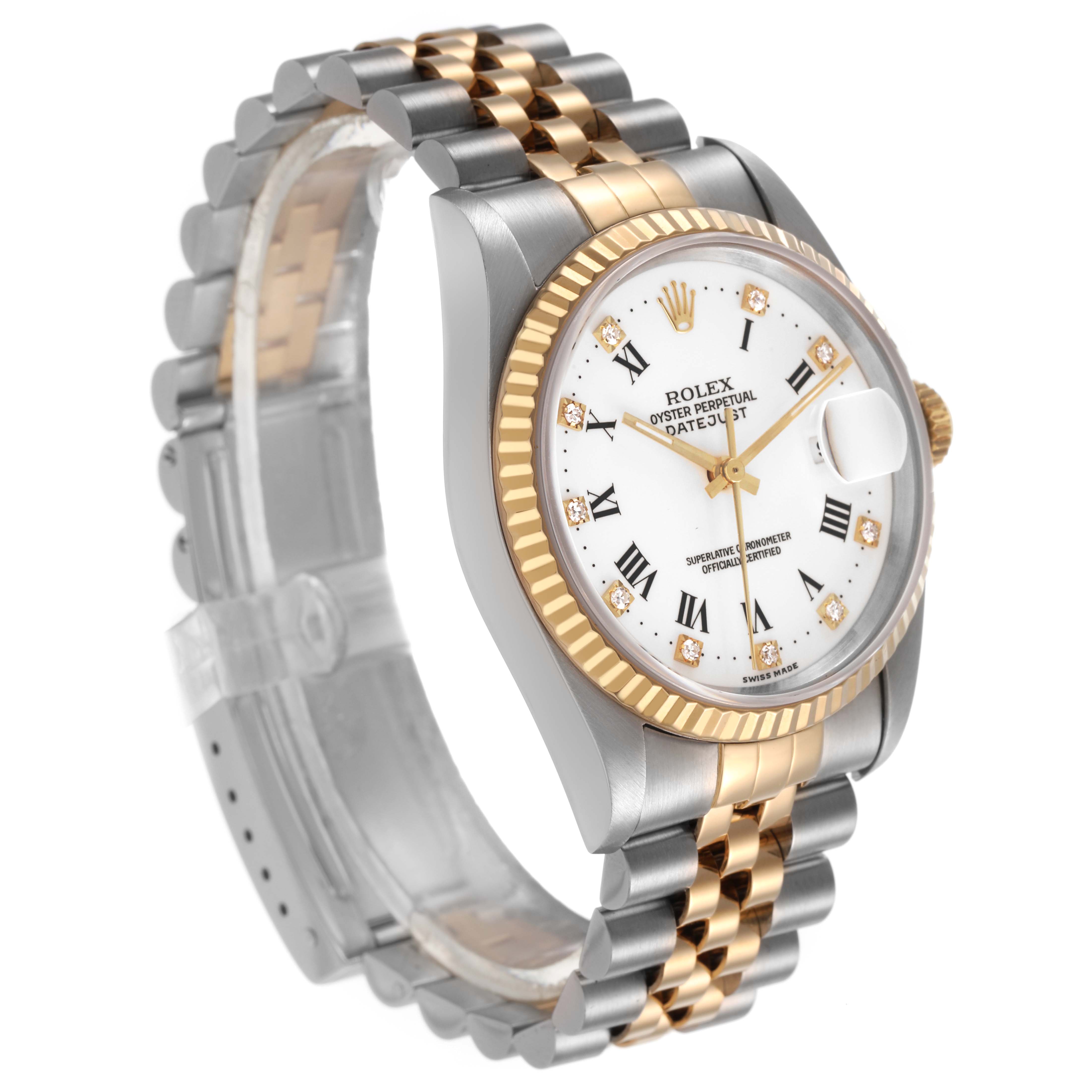The Rolex Datejust 16233 Men's Steel and Gold (two tone) White Dial is shown at a three-quarter angle displaying the face, fluted bezel, and two-tone Jubilee bracelet.