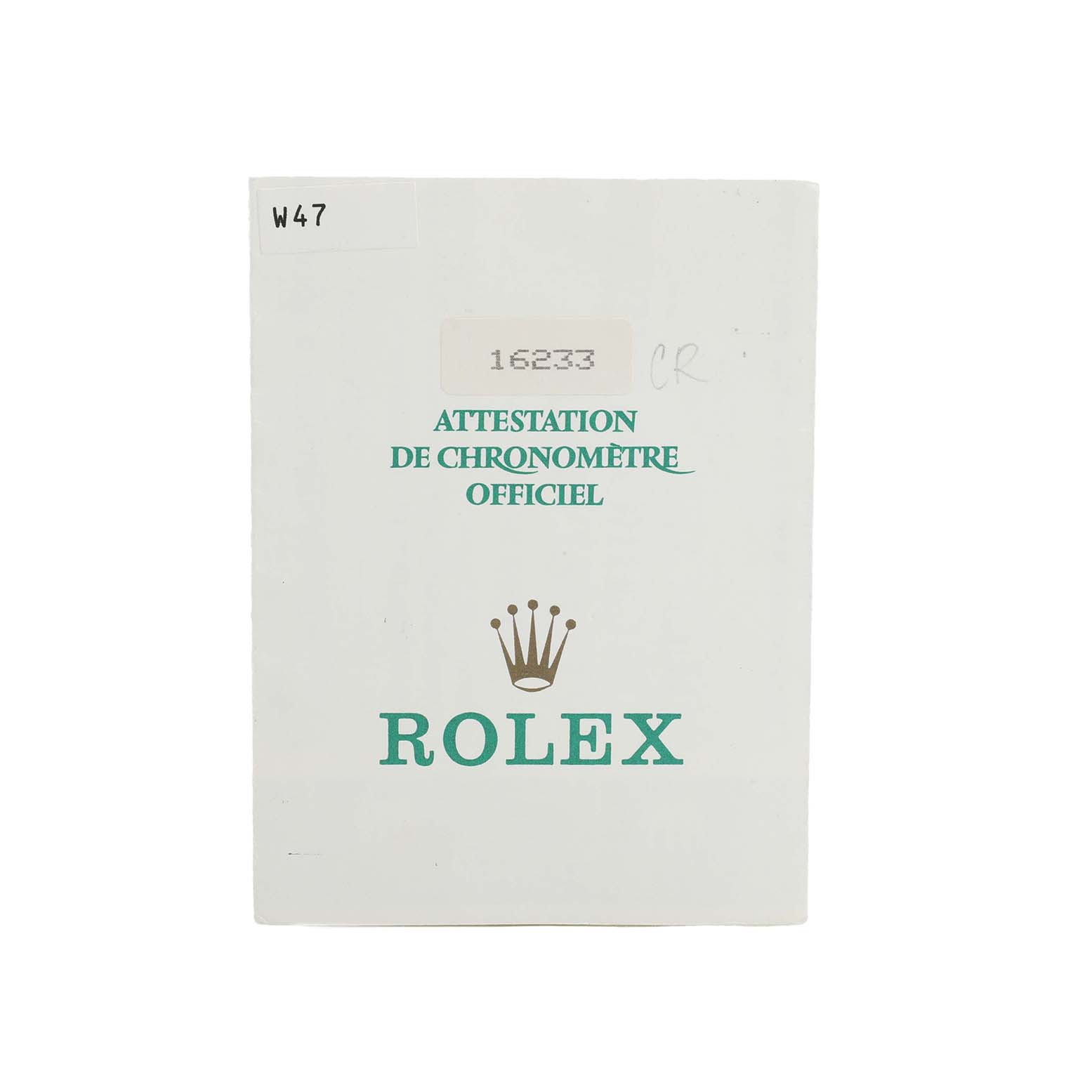 The image shows the official chronometer certification for a Rolex Datejust 16233 Men's Steel and Gold (two tone) White Dial model, featuring the brand's logo.