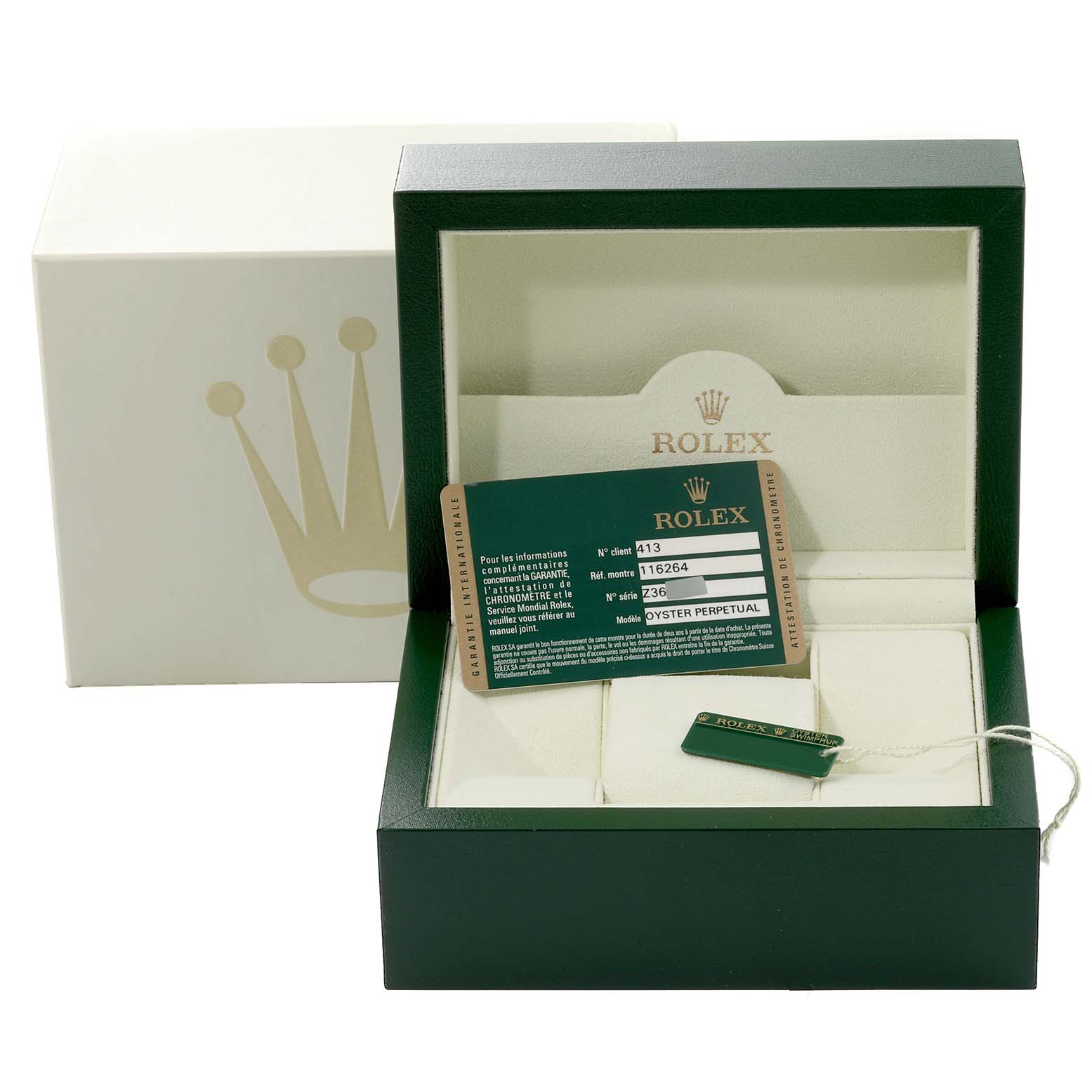 The image shows the packaging and authenticity card for a Rolex Turn-o-Graph 116264 Men's Stainless Steel Blue Dial 116264 Men's Stainless Steel Blue Dial model, with the green Rolex box opened.