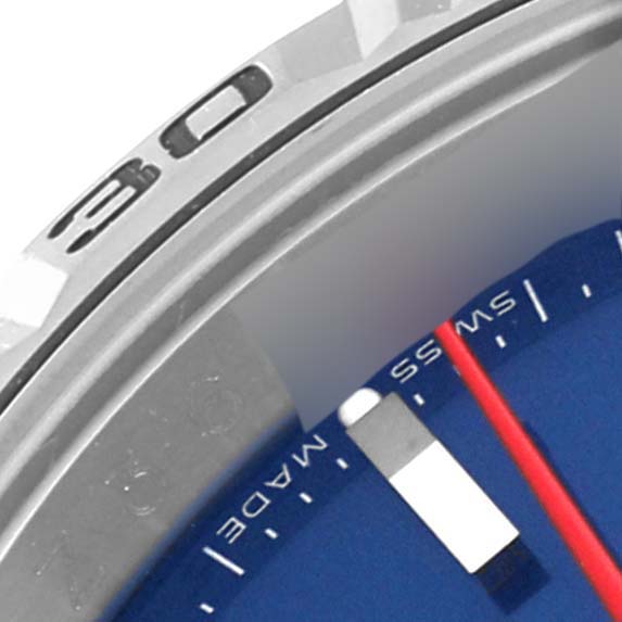 This image shows a close-up of the bezel, part of the dial, and the second hand of a Rolex Turn-o-Graph 116264 Men's Stainless Steel Blue Dial 116264 Men's Stainless Steel Blue Dial watch.