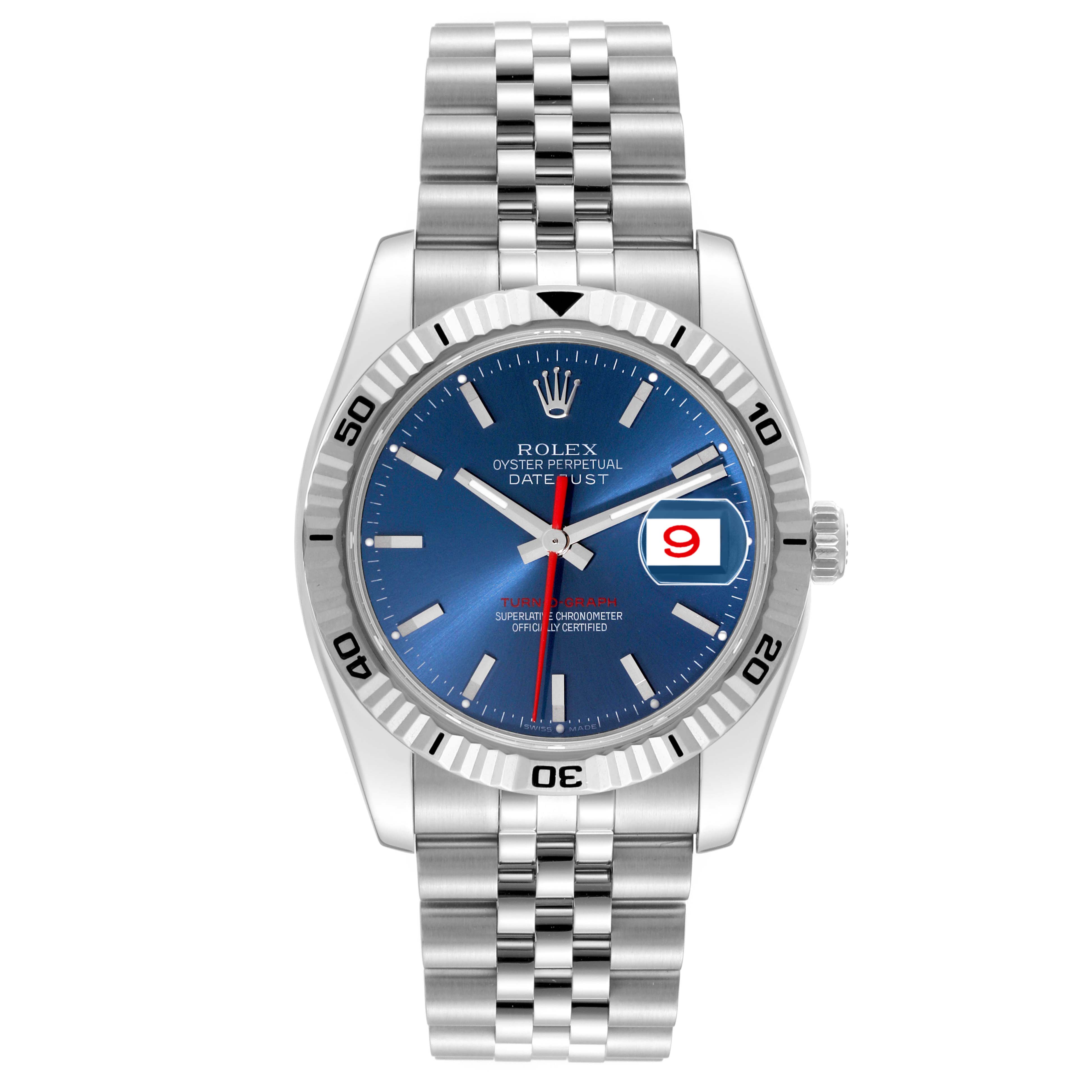 This image shows a front view of the Rolex Turn-o-Graph 116264 Men's Stainless Steel Blue Dial 116264 Men's Stainless Steel Blue Dial watch, featuring its dial, bezel, and bracelet.