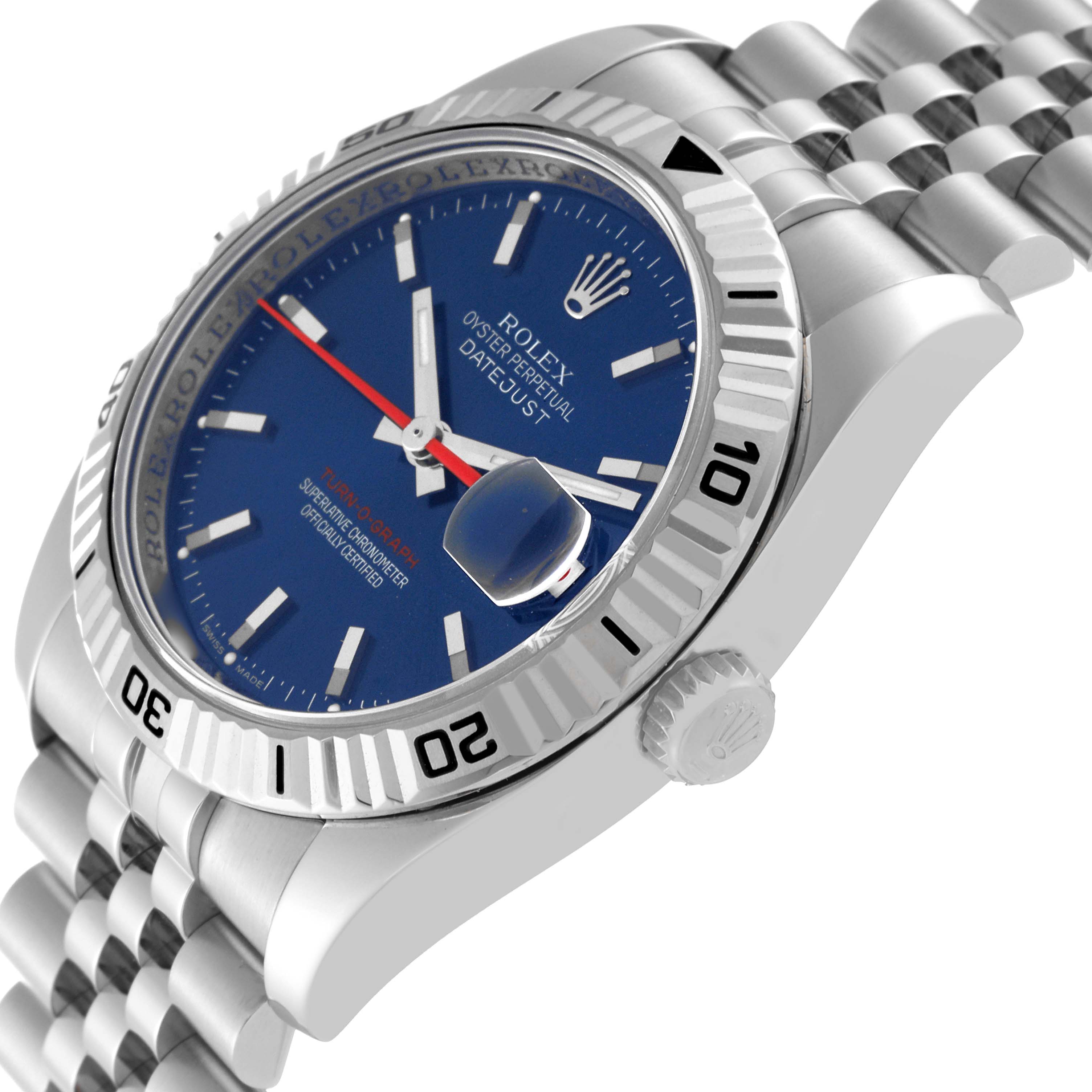 The image shows a side angle of the Rolex Turn-o-Graph 116264 Men's Stainless Steel Blue Dial 116264 Men's Stainless Steel Blue Dial watch, highlighting its bezel, crown, dial, and part of the bracelet.