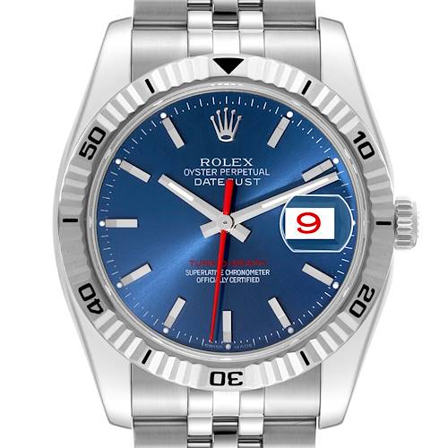 This image shows a front view of the Rolex Turn-o-Graph watch, highlighting its blue dial, date window, and stainless steel band.