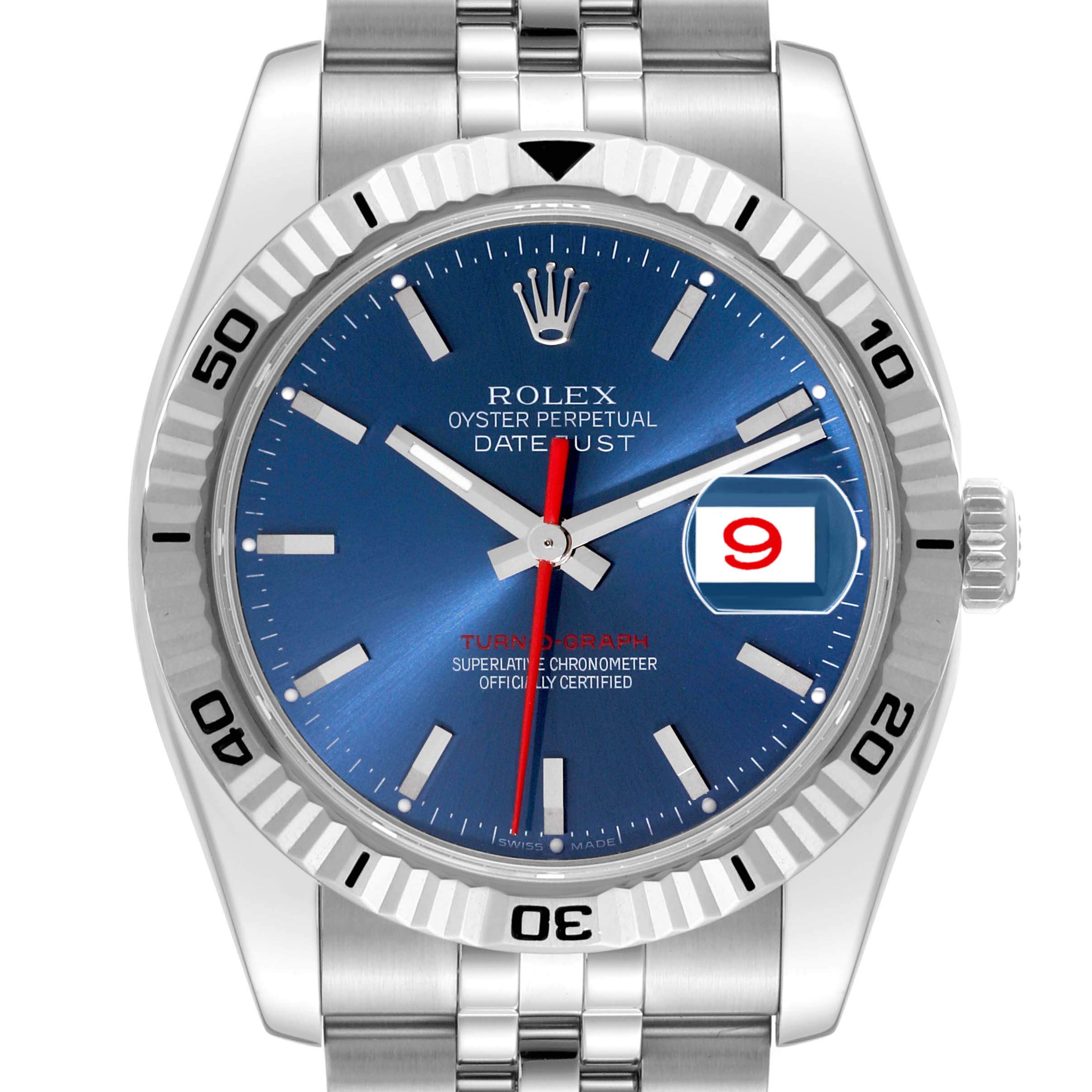 This image shows a front view of the Rolex Turn-o-Graph 116264 Men's Stainless Steel Blue Dial 116264 Men's Stainless Steel Blue Dial with a blue dial, fluted bezel, and stainless steel bracelet.