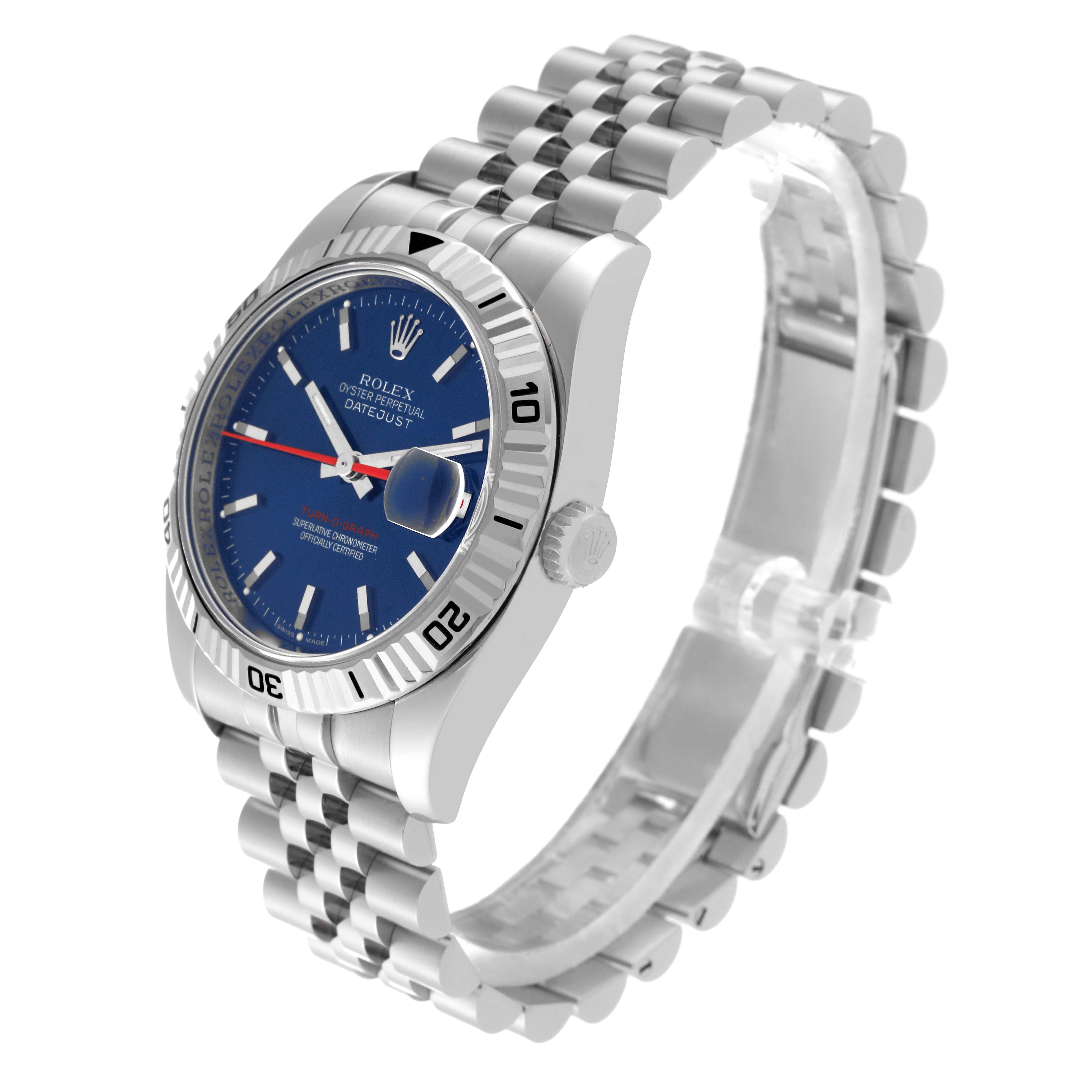 The Rolex Turn-o-Graph 116264 Men's Stainless Steel Blue Dial 116264 Men's Stainless Steel Blue Dial is shown from a three-quarter angle, highlighting its blue dial, fluted bezel, and jubilee bracelet.