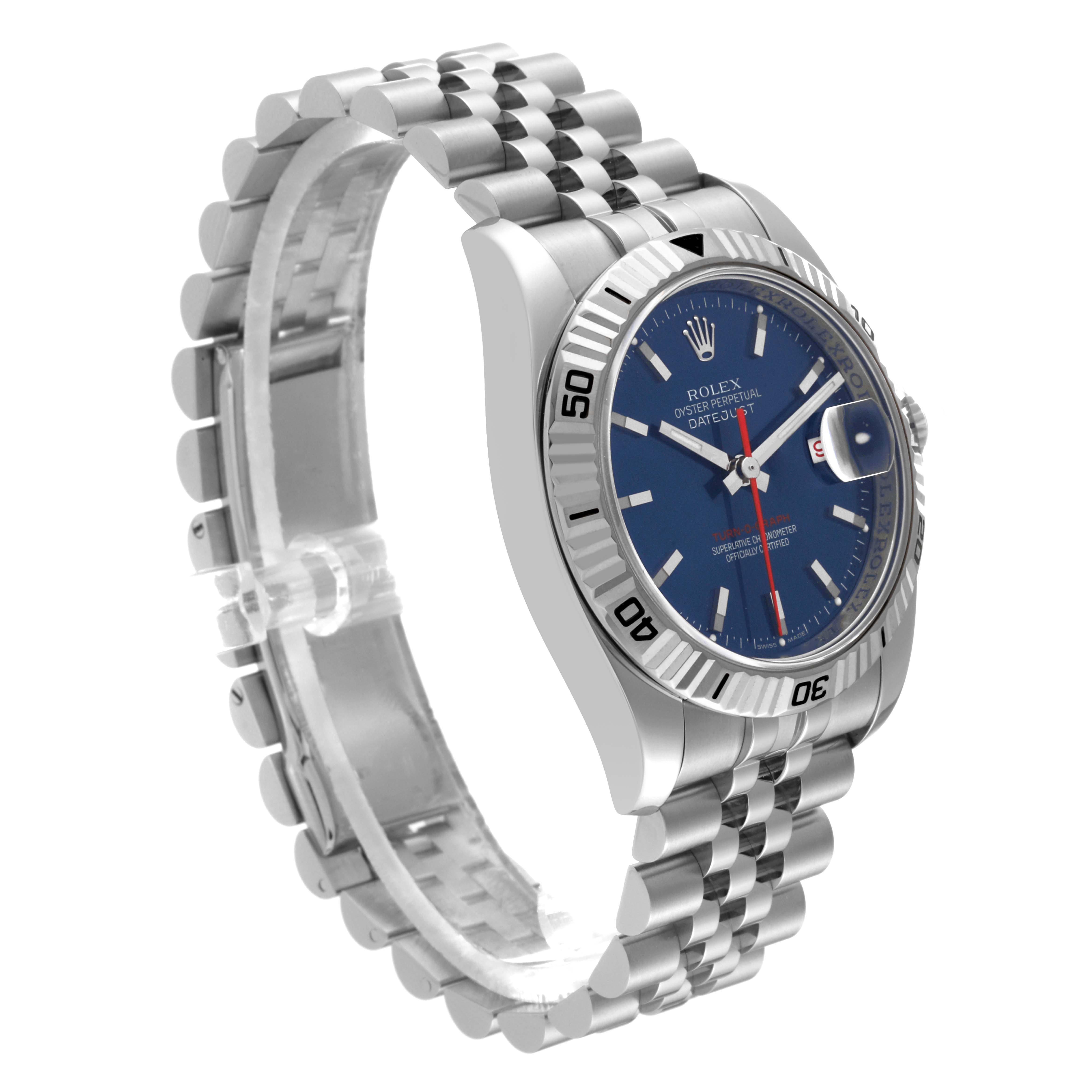 This image shows a side view of a Rolex Turn-o-Graph 116264 Men's Stainless Steel Blue Dial 116264 Men's Stainless Steel Blue Dial watch, highlighting its bezel, blue dial, and metal bracelet.