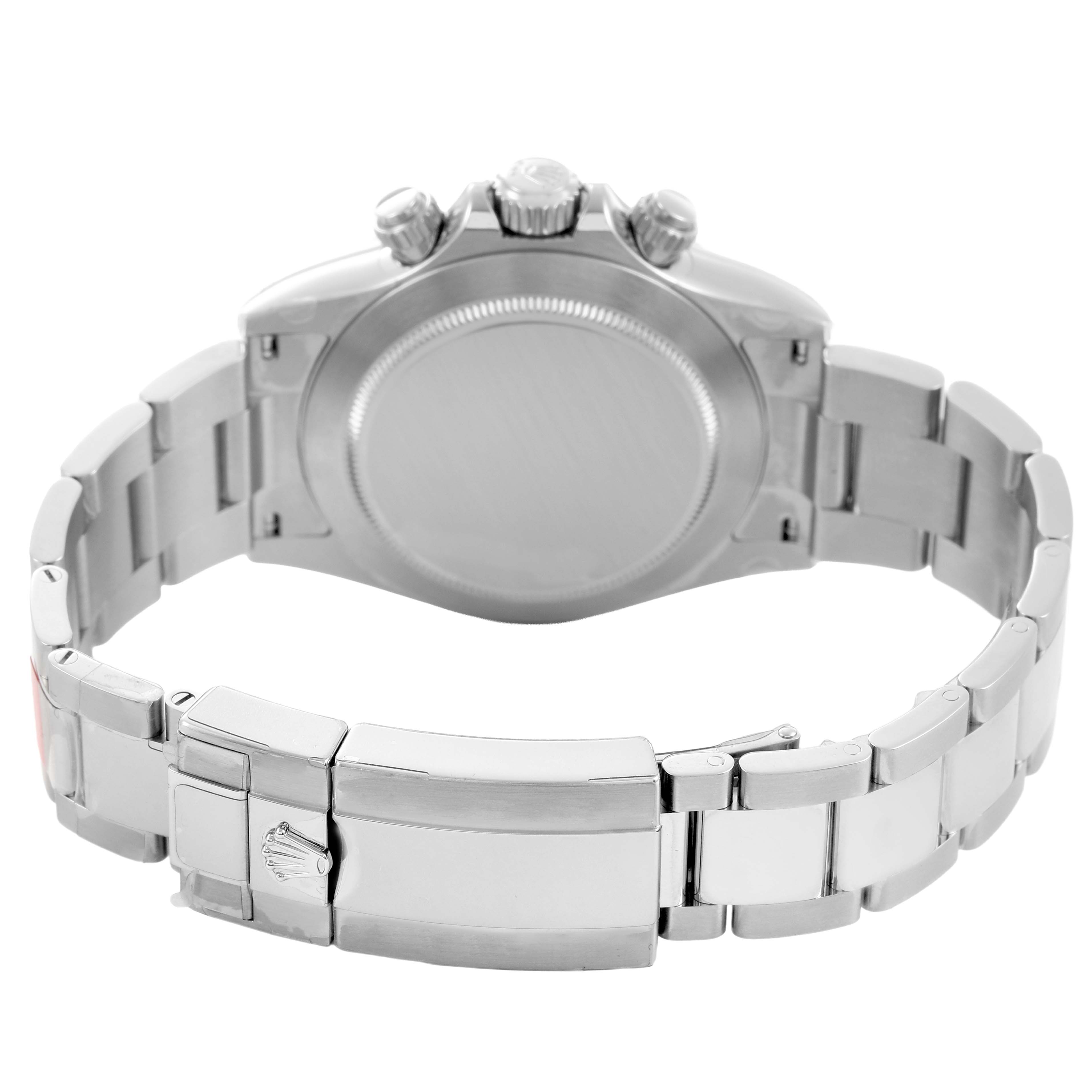 The image shows the back and bracelet of a Rolex Daytona 116520 Men's Stainless Steel Black Dial watch, highlighting the clasp and case back.