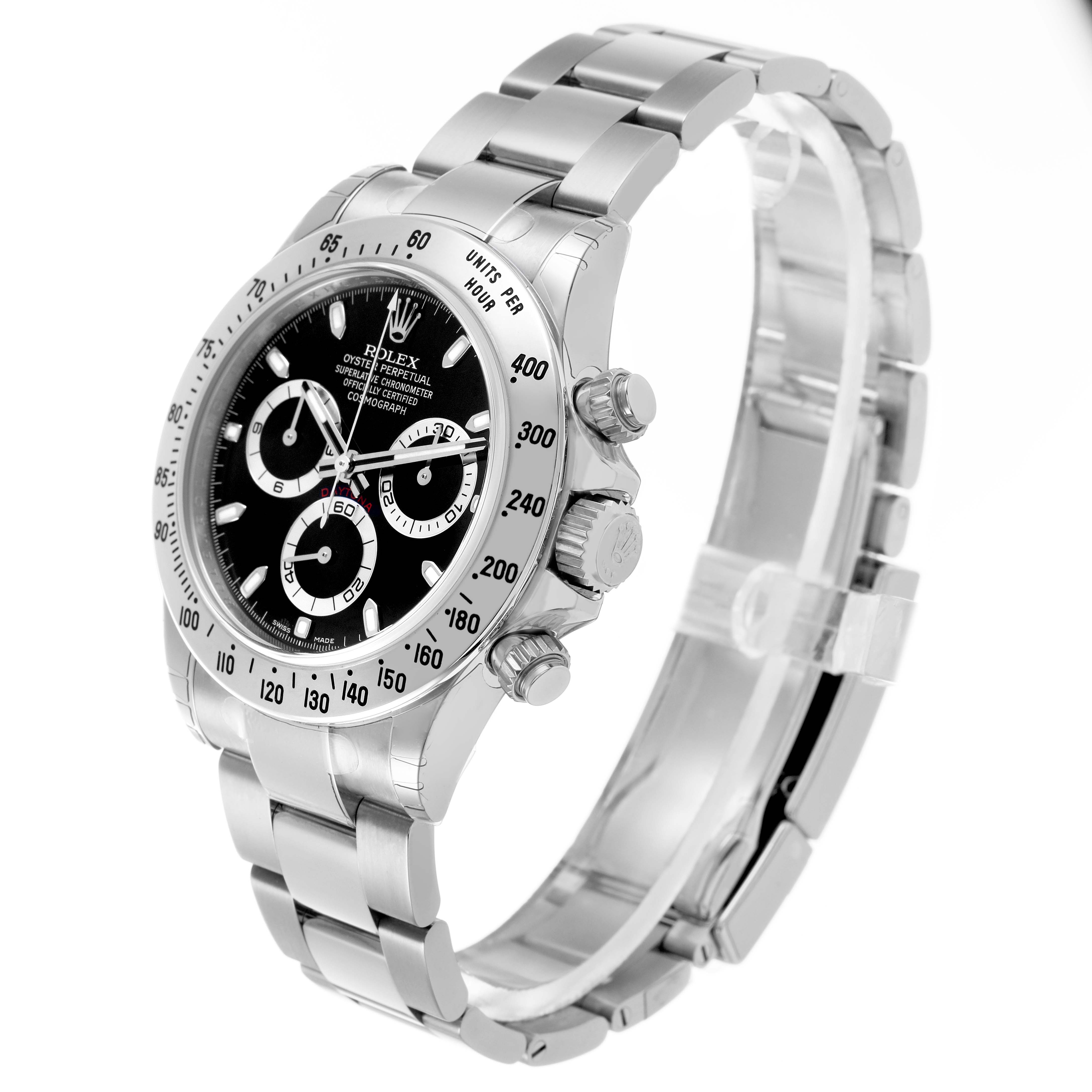 The Rolex Daytona 116520 Men's Stainless Steel Black Dial watch is shown from an angled side view, highlighting the bezel, dial, pushers, and stainless steel bracelet.