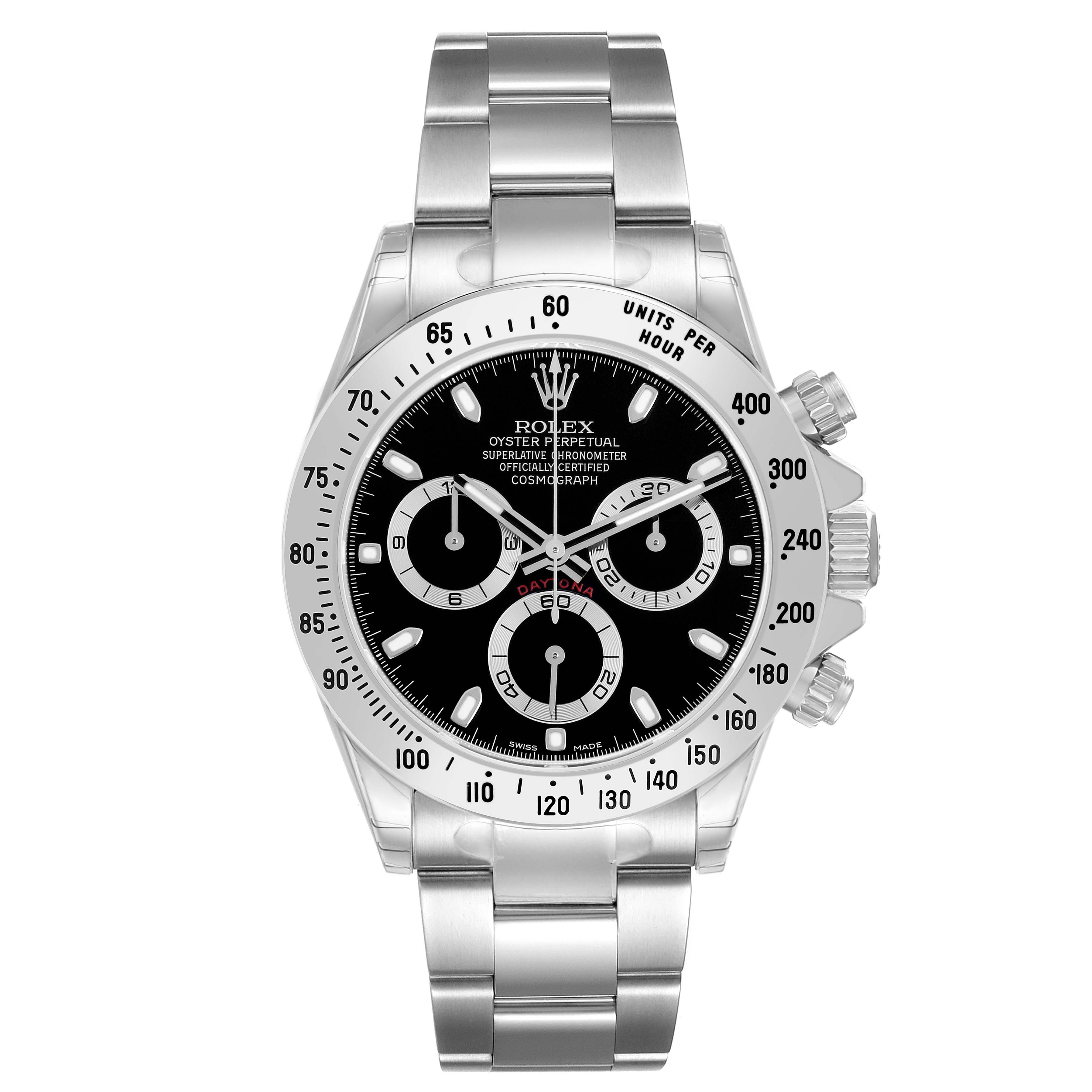 The Rolex Daytona 116520 Men's Stainless Steel Black Dial watch is shown from a front angle, displaying its face, bezel, and bracelet.