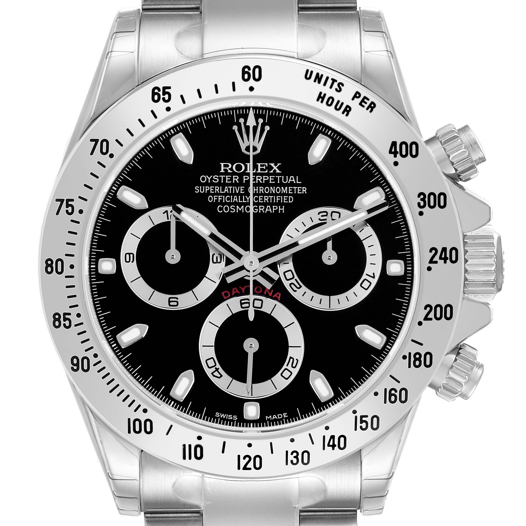 The Rolex Daytona 116520 Men's Stainless Steel Black Dial watch is shown from a front angle, highlighting the dial, bezel, and side pushers.