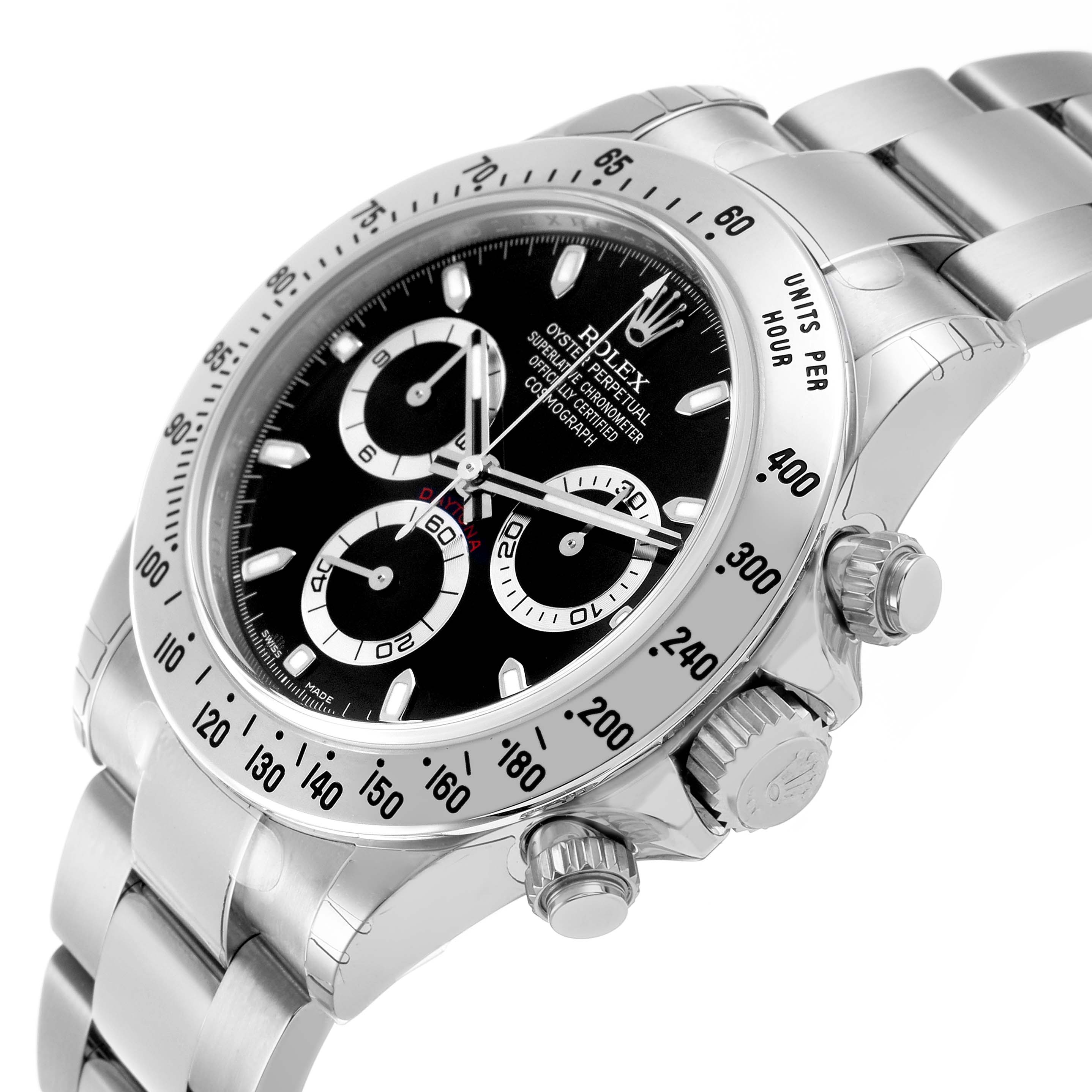 The Rolex Daytona 116520 Men's Stainless Steel Black Dial watch is shown at a slight angle, highlighting the dial, bezel, crown, and pushers.