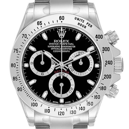 The image shows a front view of a Rolex Daytona 116520 Men's Stainless Steel Black Dial watch, highlighting the dial, bezel, and chronograph subdials.