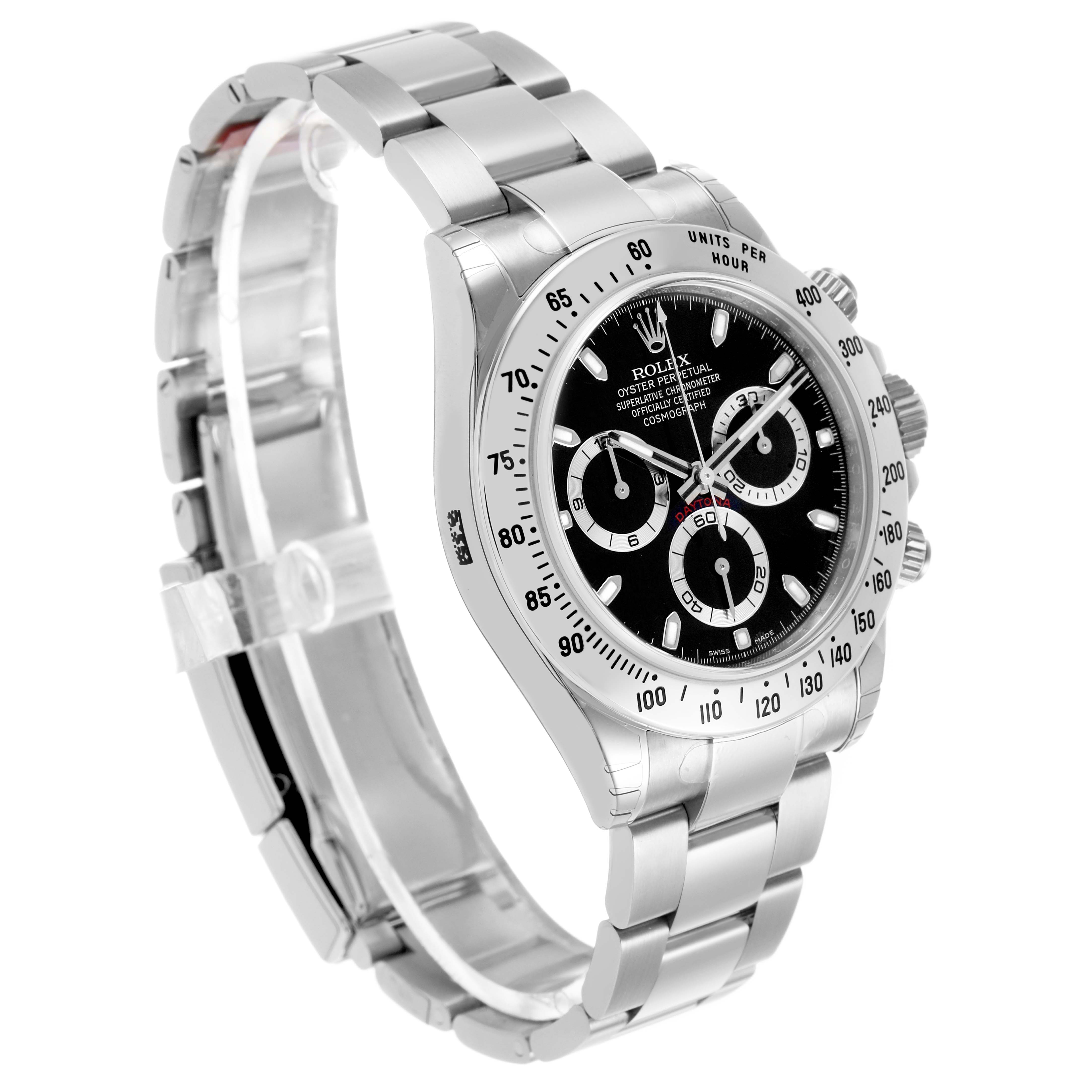The Rolex Daytona 116520 Men's Stainless Steel Black Dial watch is shown at a three-quarter angle, highlighting the face, bezel, and part of the bracelet.