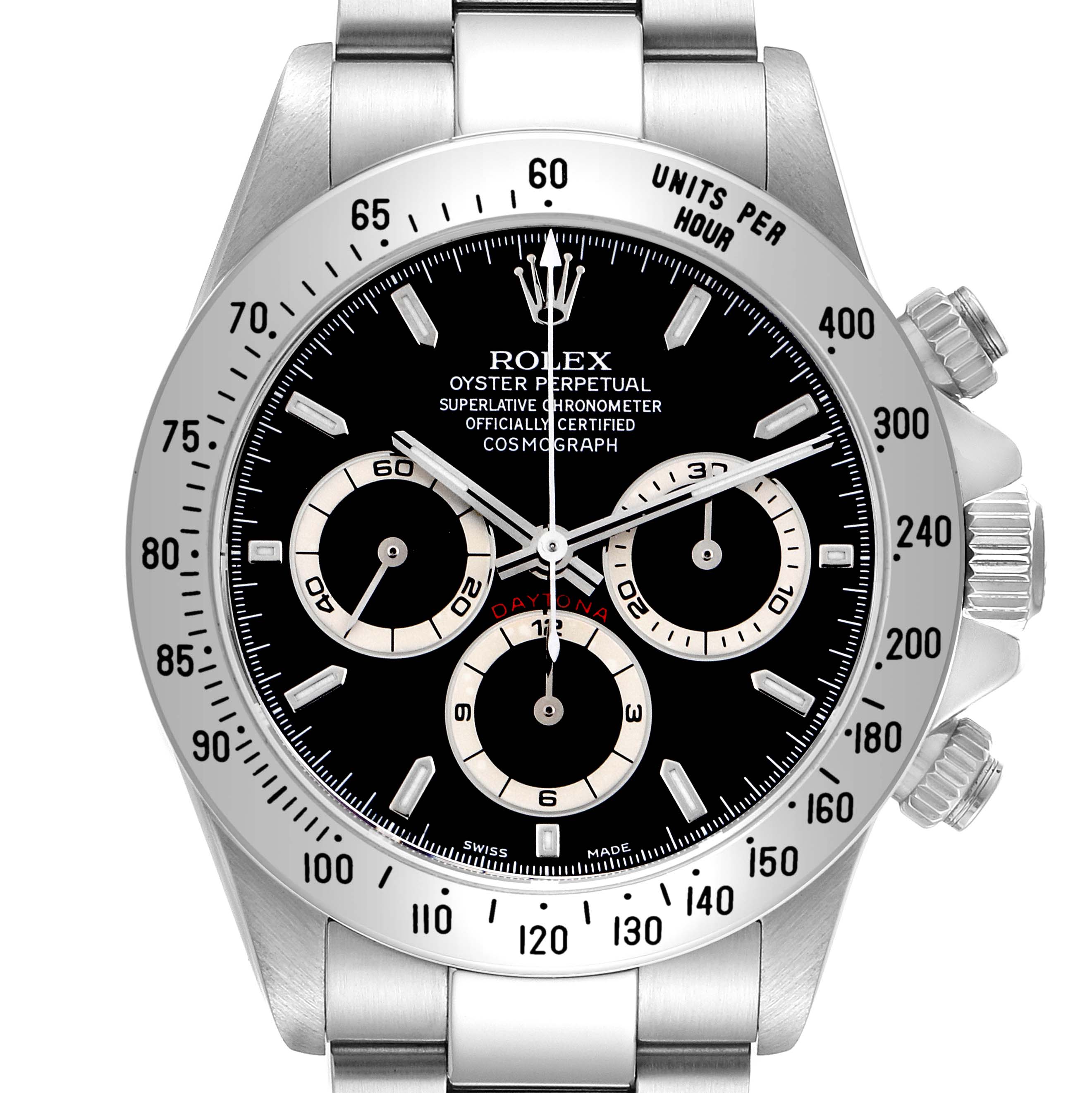 The image shows a Rolex Daytona model 16520 men's watch from the front, detailing the bezel, dial, sub-dials, and crown.