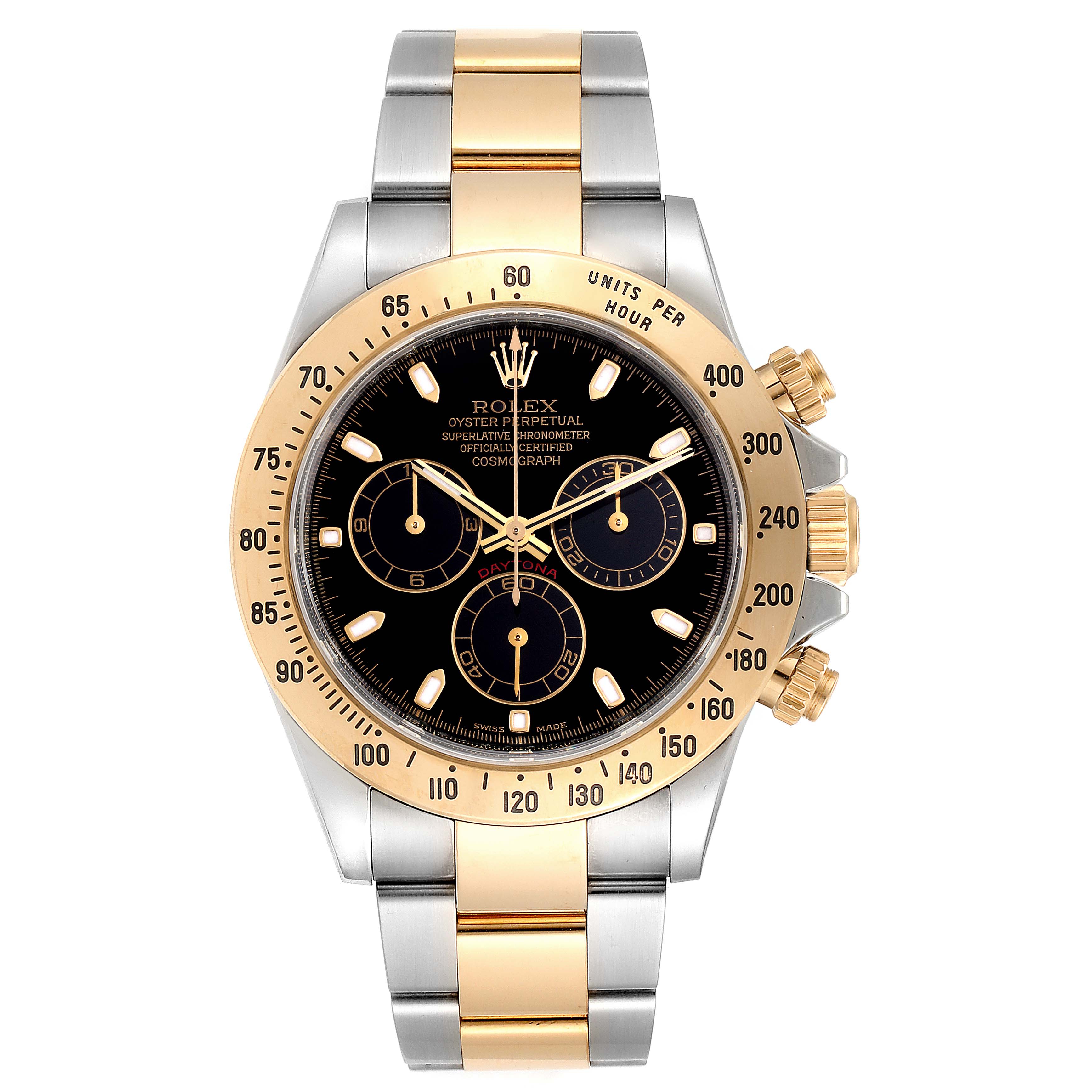 The image shows a front view of a Rolex Daytona 116523 Men
s Steel and Gold (two tone) Black Dial 116523 Men
s Steel and Gold (two tone) Black Dial watch, displaying the face, bezel, and metal bracelet with gold accents.