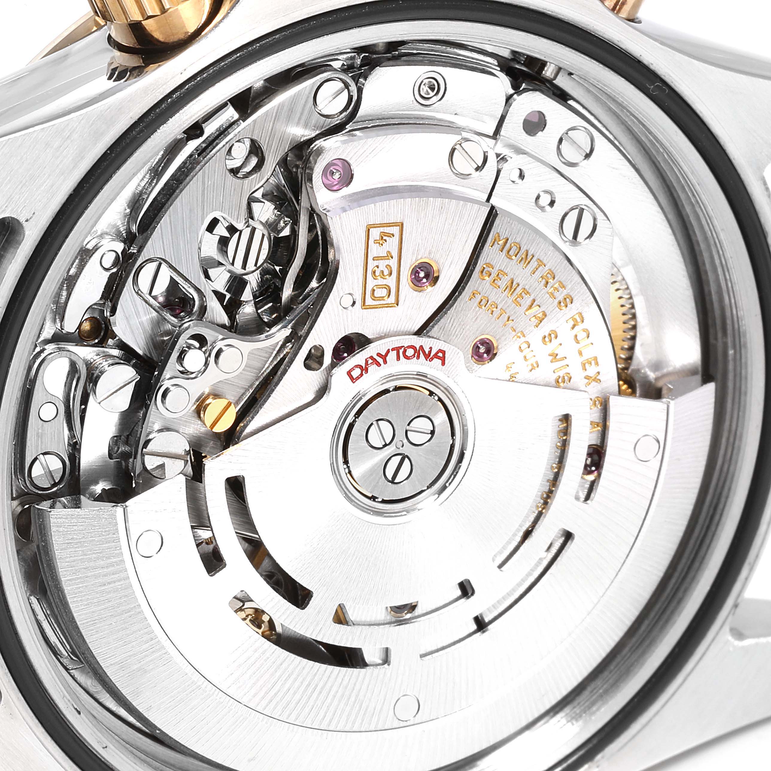 This image shows the movement mechanism of a Rolex Daytona 116523 Men
s Steel and Gold (two tone) Black Dial 116523 Men
s Steel and Gold (two tone) Black Dial watch from a close-up angle.