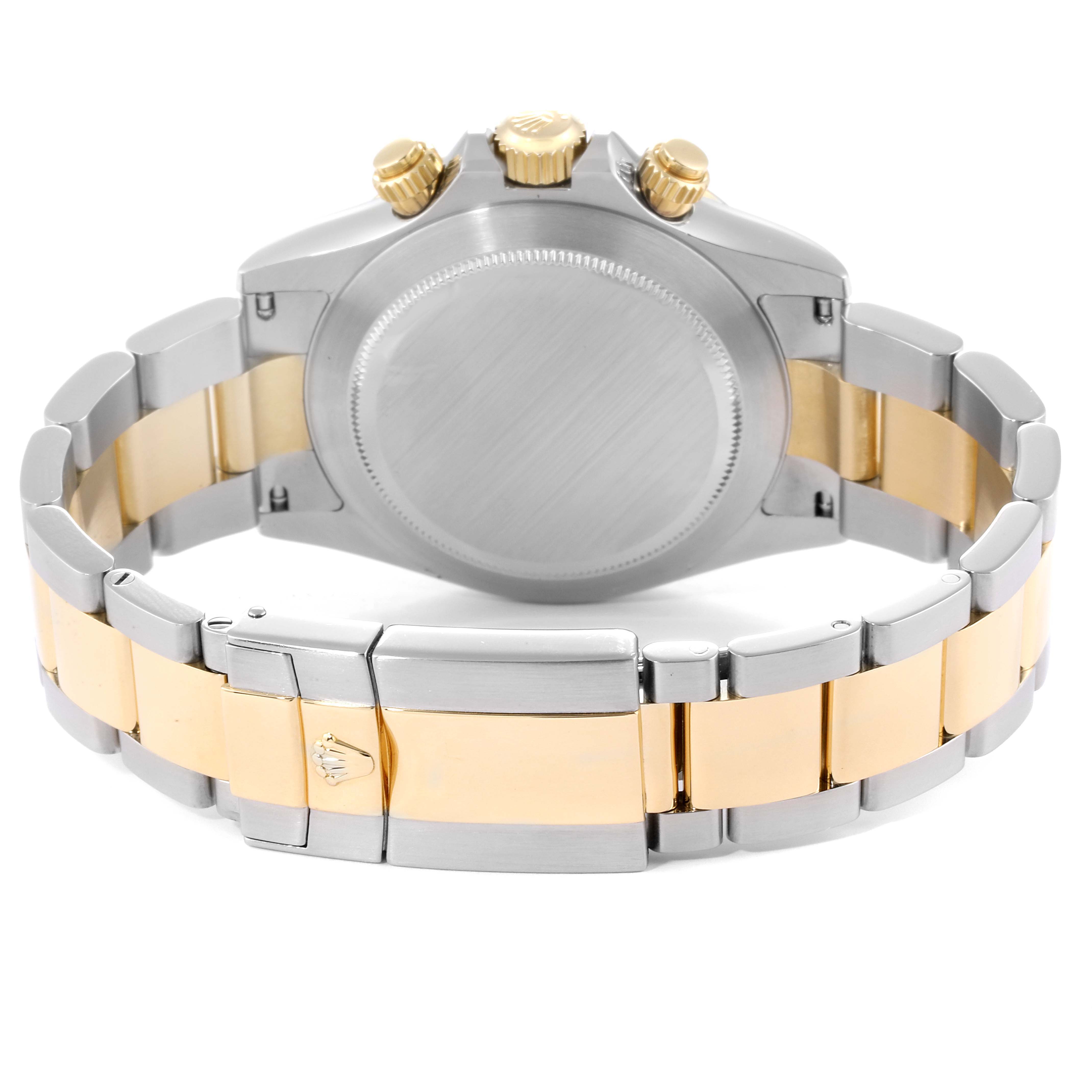 The image shows the back view of the Rolex Daytona 116523 Men
s Steel and Gold (two tone) Black Dial 116523 Men
s Steel and Gold (two tone) Black Dial watch case, bracelet, and clasp in two-tone metal.