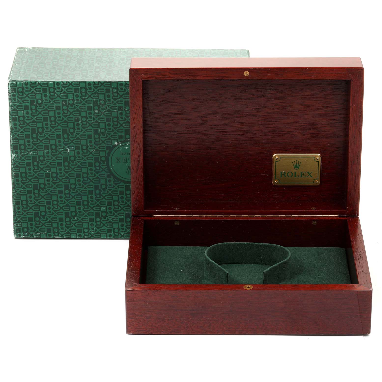 This image shows the open wooden presentation box and outer green box for a Rolex Daytona 116523 Men
s Steel and Gold (two tone) Black Dial 116523 Men
s Steel and Gold (two tone) Black Dial watch.